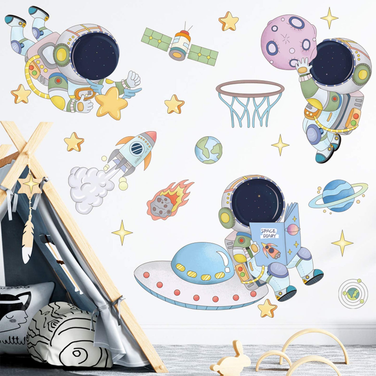 DILIBRA - Calcomanías de pared para astronautas, planeta, paseo espacial, naves espaciales, vinilo extraíble, murales de pared, lindos dibujos animados, astronauta cosmonauta, papel pintado para niños