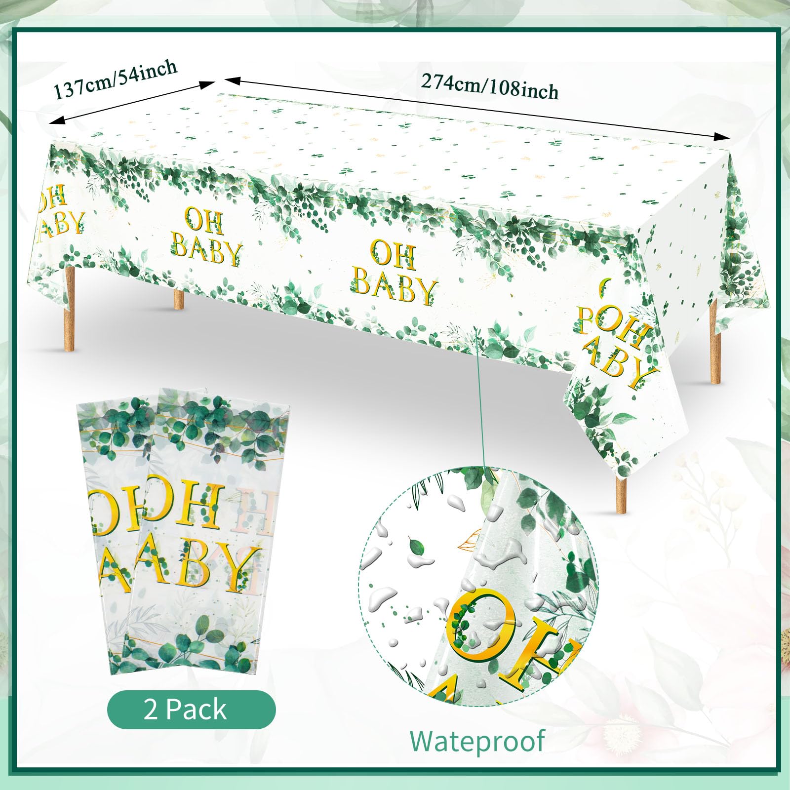 Juego de vajilla de 180 piezas de Sage Greenery Oh para fiesta de bebé, mantel de hoja de eucalipto, 24 platos de cena, plato de postre y servilletas para niño y niña, salvia, suministros de decoración de fiesta