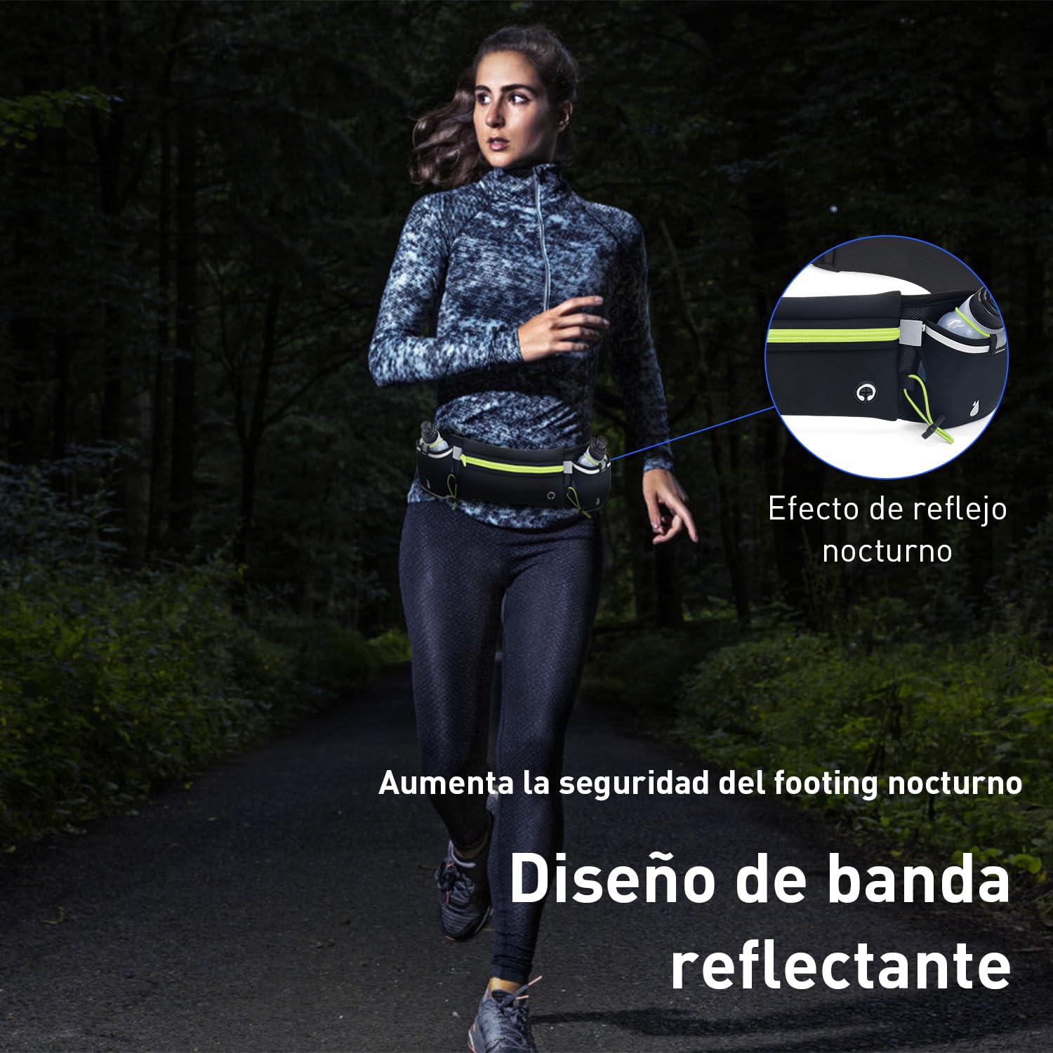 Garselay Cangurera Deportiva, Riñonera Deportiva con 2 Botellas de Agua, Cinturón Hidratación Running Reflectante con Orificio para Auriculares, Bolsa para Correr, Ciclismo, Gimnasio, Senderismo-Verde