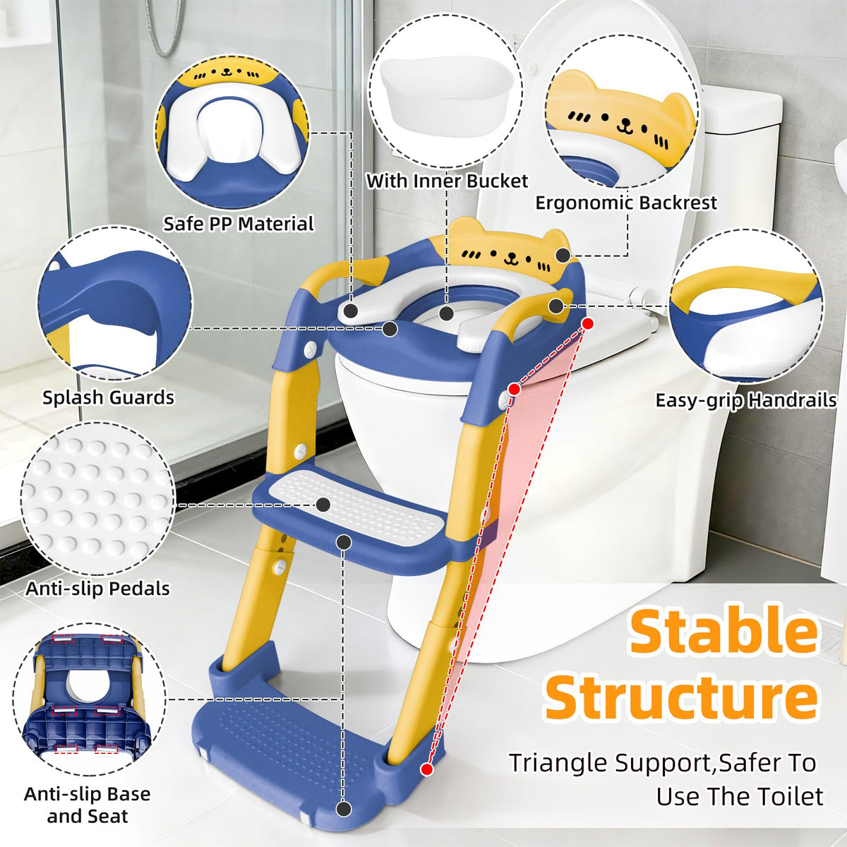 Orinal de entrenamiento BBfancy, asiento de inodoro para niños y niñas mejorado, orinal de entrenamiento 3 en 1 con escalera plegable antideslizante (Azul+Amarillo)