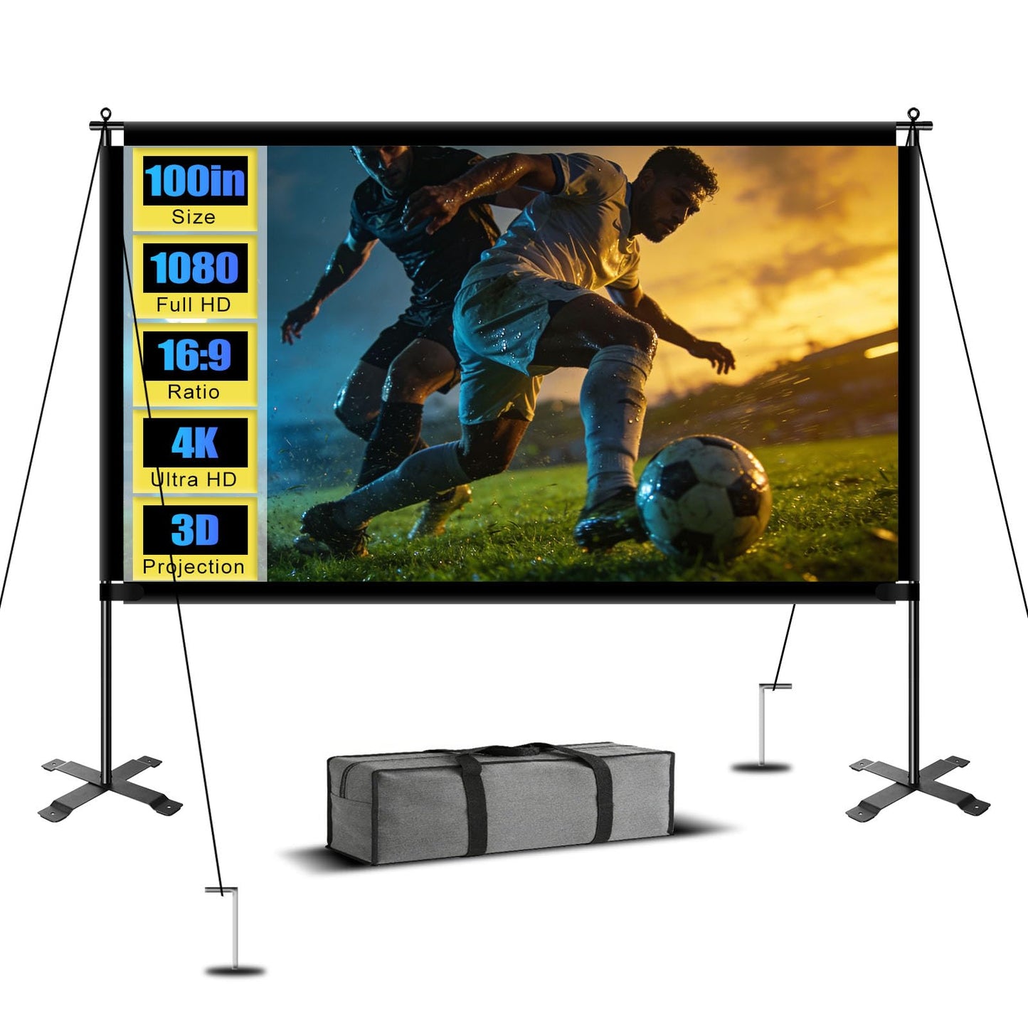 XIAOHUI - visualización de proyector para exteriores con soporte, visualización de proyector portátil de 100 pulgadas con bolsa de transporte, juego de cuerda de fijación a prueba de viento