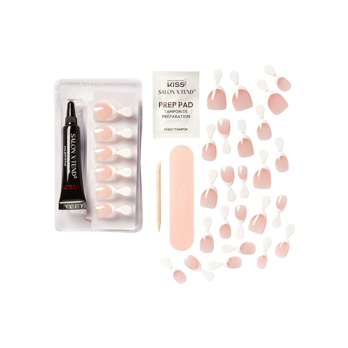 KISS Salón X-Tend, Clavos A Presión, Pegamento para Uñas Incluido, 'Tonterías', Blanco Claro, Tamaño Corto, Forma de Almendra, Incluye 30 Uñas, Adhesivo de Gel Suave Led de 5Ml, 1 Barra de Manicura, 1