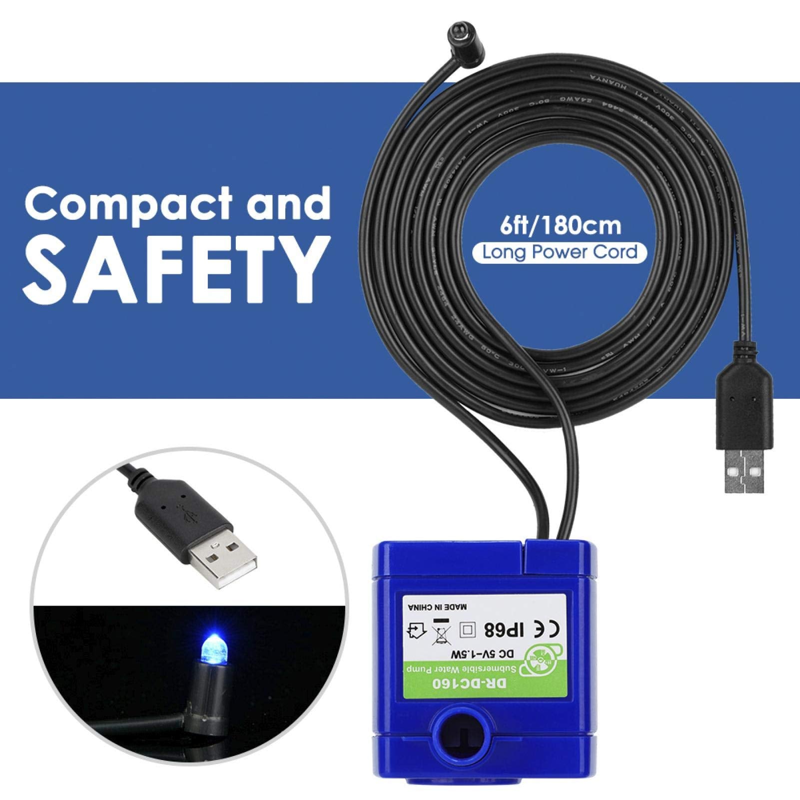 Jeanoko Bomba De Fuente De Agua Para Mascotas, Bomba de fuente de agua para gatos Bomba de agua sumergible para fuente para mascotas con bomba de cable de alimentación LED USB de 5.9 pies Fuente