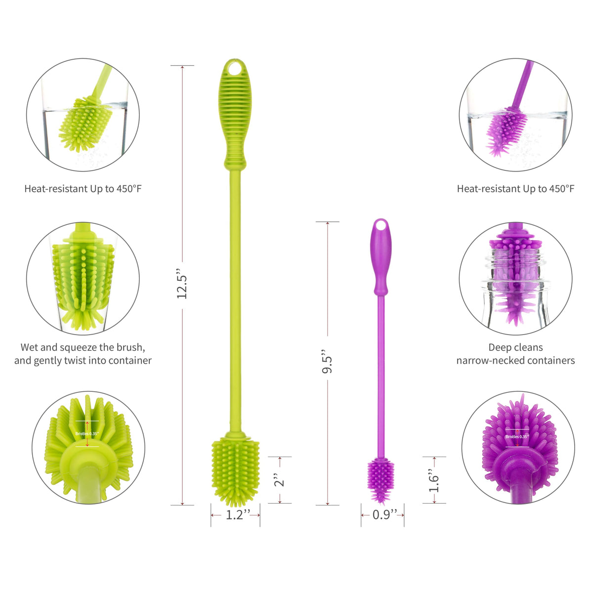 A-Brush - cepillo para polvo limpiador de botellas de silicona, juego de 2 piezas, flexible, mango largo, limpiador de botellas de agua, cepillo para polvo para pezones de biberón para plástico y