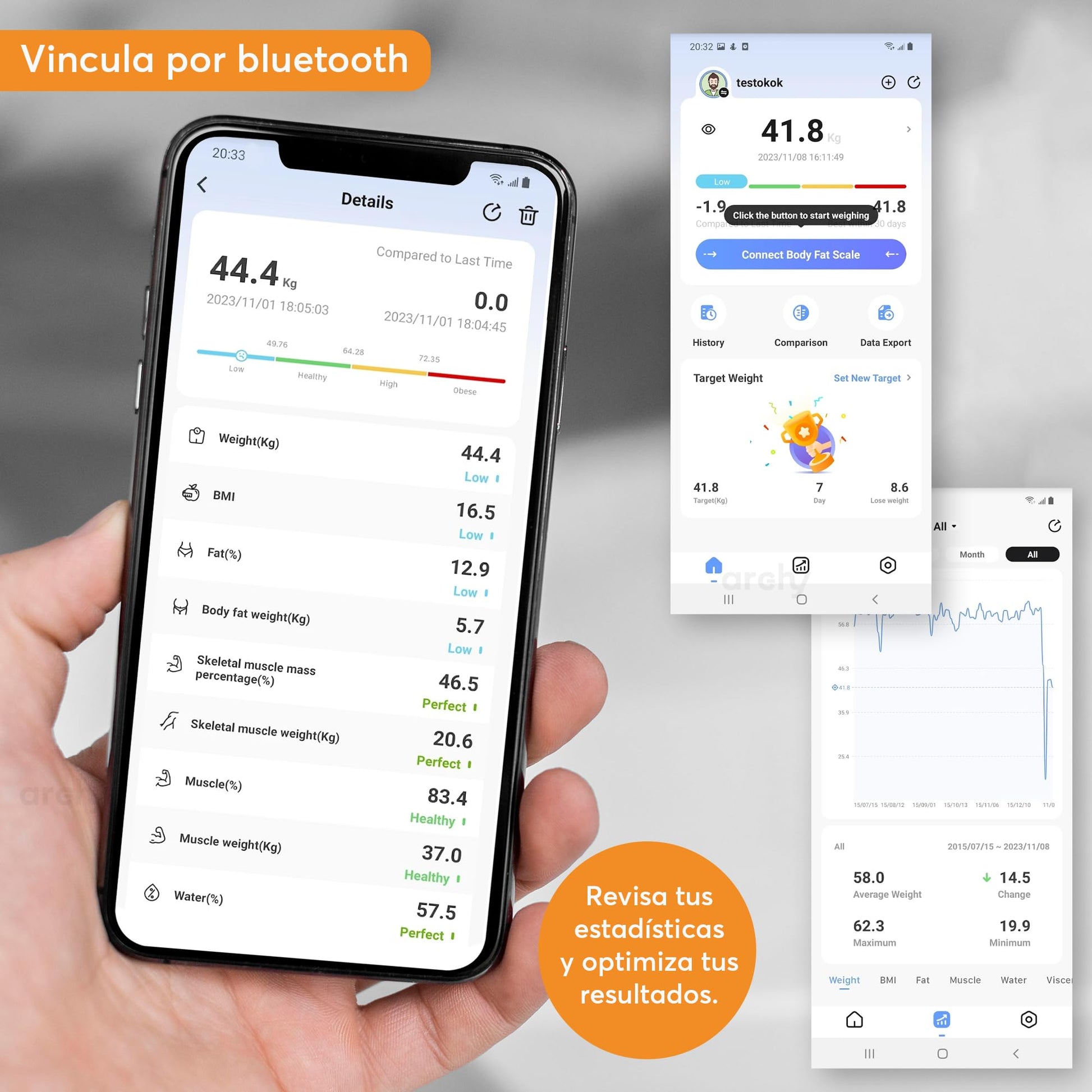 Báscula Digital Archy Inteligente Negra con Analizador de Composición Corporal y App Bluetooth Compatible Android y iOS