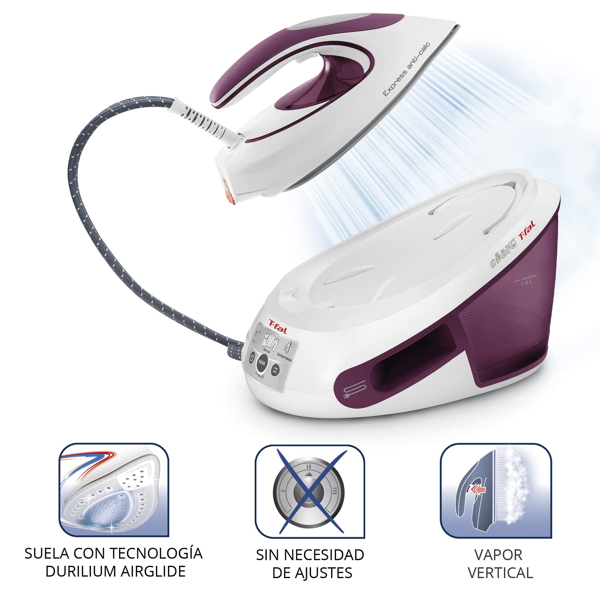 Central de Vapor T-Fal Express Blanca/Morada, Suela Durilium AirGlide, Plancha tu ropa facil y rapido, Depósito de 1.8 L, SV8031X0