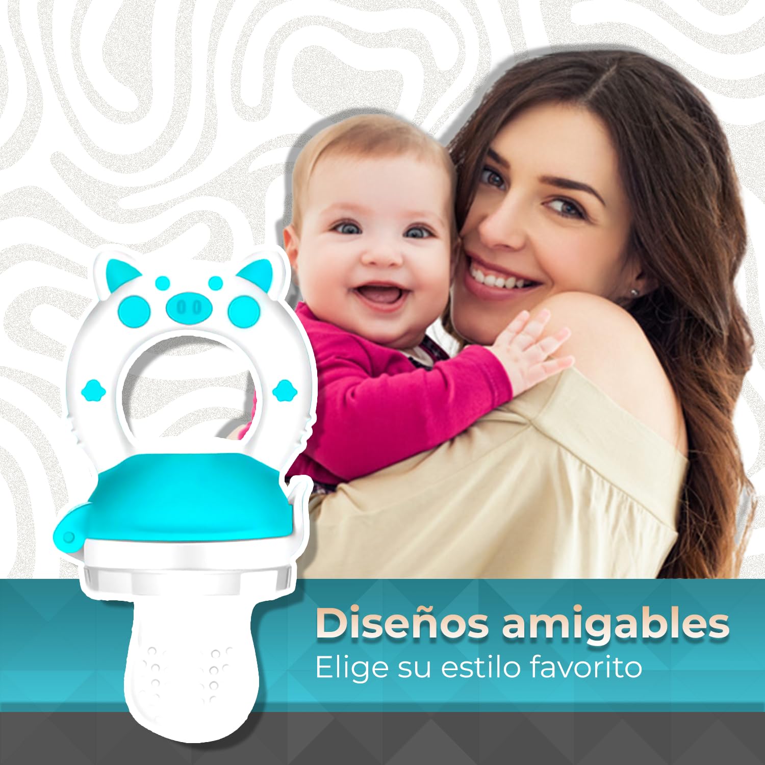 Chupón Para Fruta Y Papilla con Seguro Y Tapa Dibujos Animados, Libre de BPA (AZUL/BLANCO)