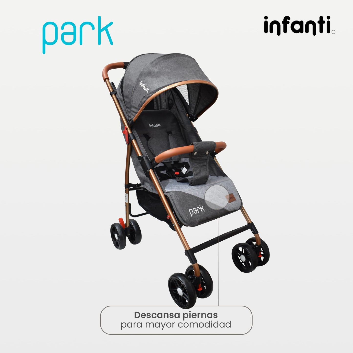 INFANTI | Carriola para Bebe PARK | Carreola con Portabebé - Carriola de Viaje - Carrito para Bebe | Cosas para Bebes 6 Meses hasta 15 kg - Compacta y Plegable | con Barra de Seguridad Desmontable (Gris)