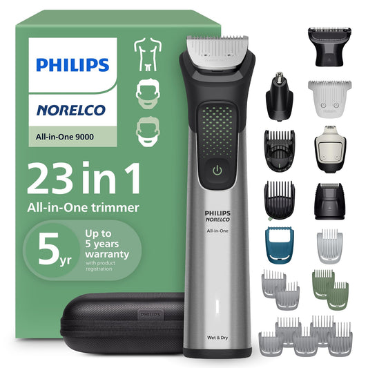 Cortadora Eléctrica Norelco Philips Serie 9000 en Metal con 23 Piezas y 29 Ajustes de Longitud para Cara, Barba, Cabeza y Cuerpo