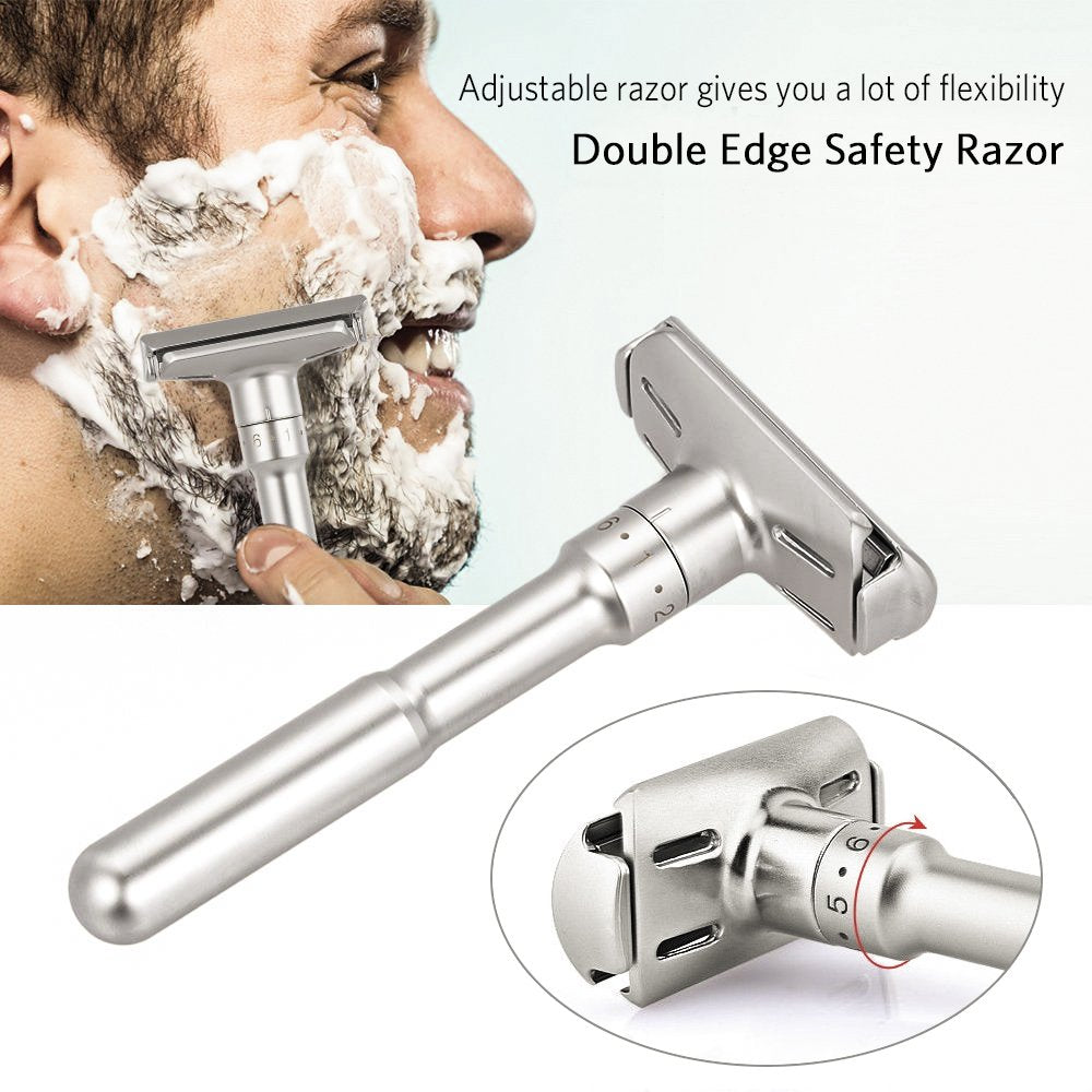 Safety Shaving Razor Set, River Lake RZ700 Long Handle Stainless Adjustable Double Edge Classic Safety Shaver Razor (1 Razor, 1 Stand, 1 Leather Protective Sleeve & 10pcs DORCO blades)