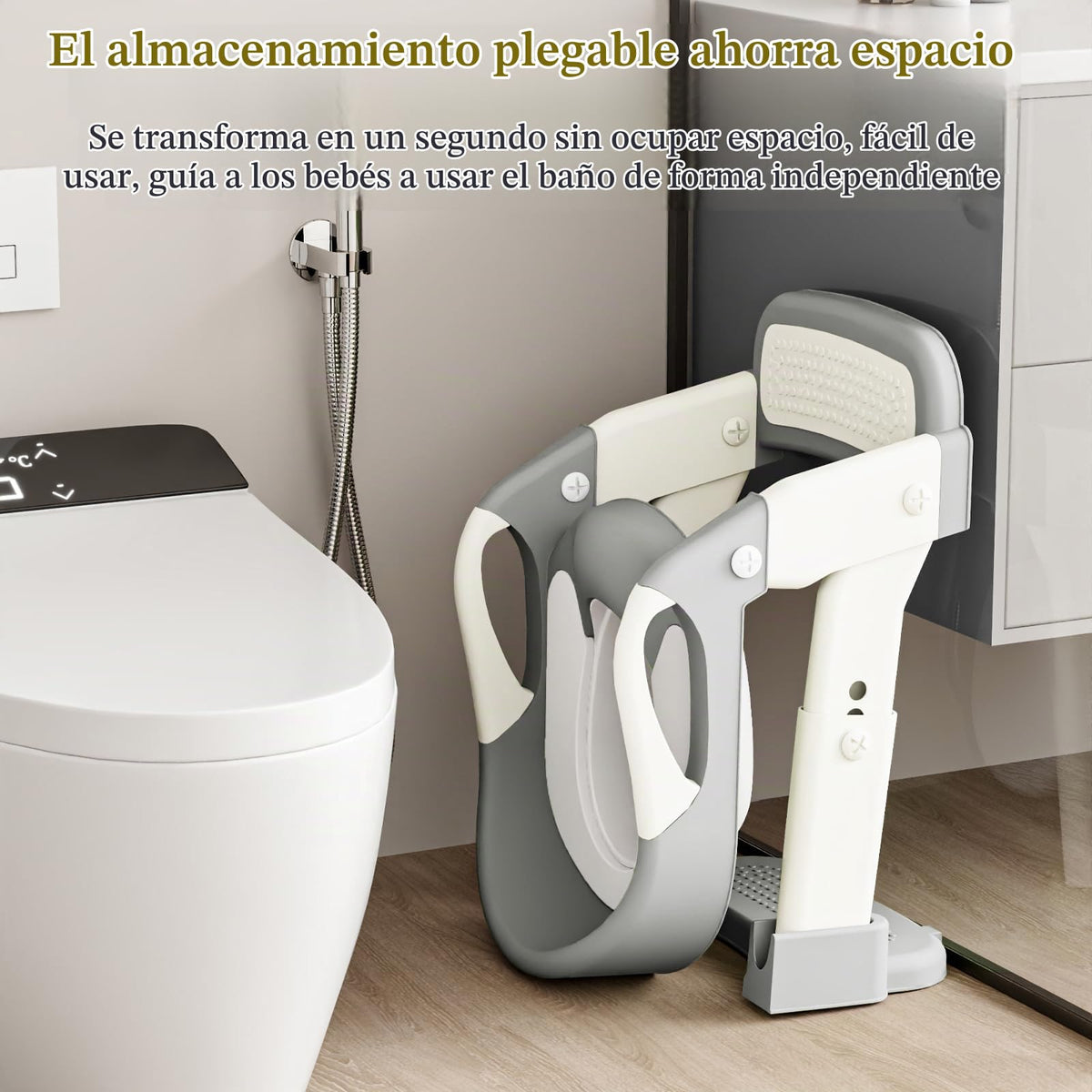 CUXFLS Asiento para Entrenamiento de Baño 3-en-1 para Niños Pequeños (Inodoro, Escalera, Ayuda para Agacharse) para Niños y Niñas con Cojín Desmontable, Anti-Salpicaduras y Diseño Plegable - Gris