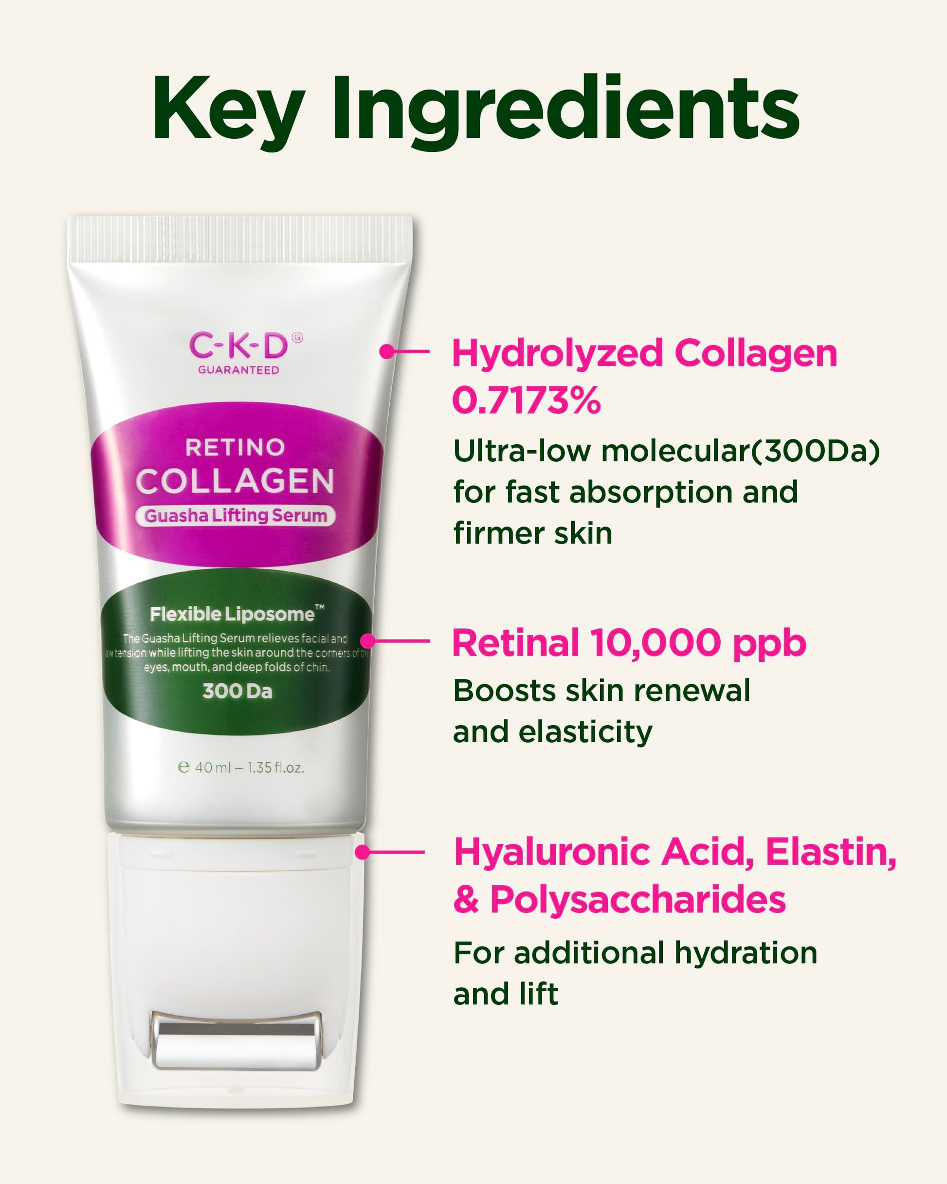 Suero facial CKD Gua Sha con colágeno retinol para reafirmar, tensar, hidratar y combatir el envejecimiento. Rodillo de acero inoxidable. Cuidado de la piel coreano. 1,35 fl oz