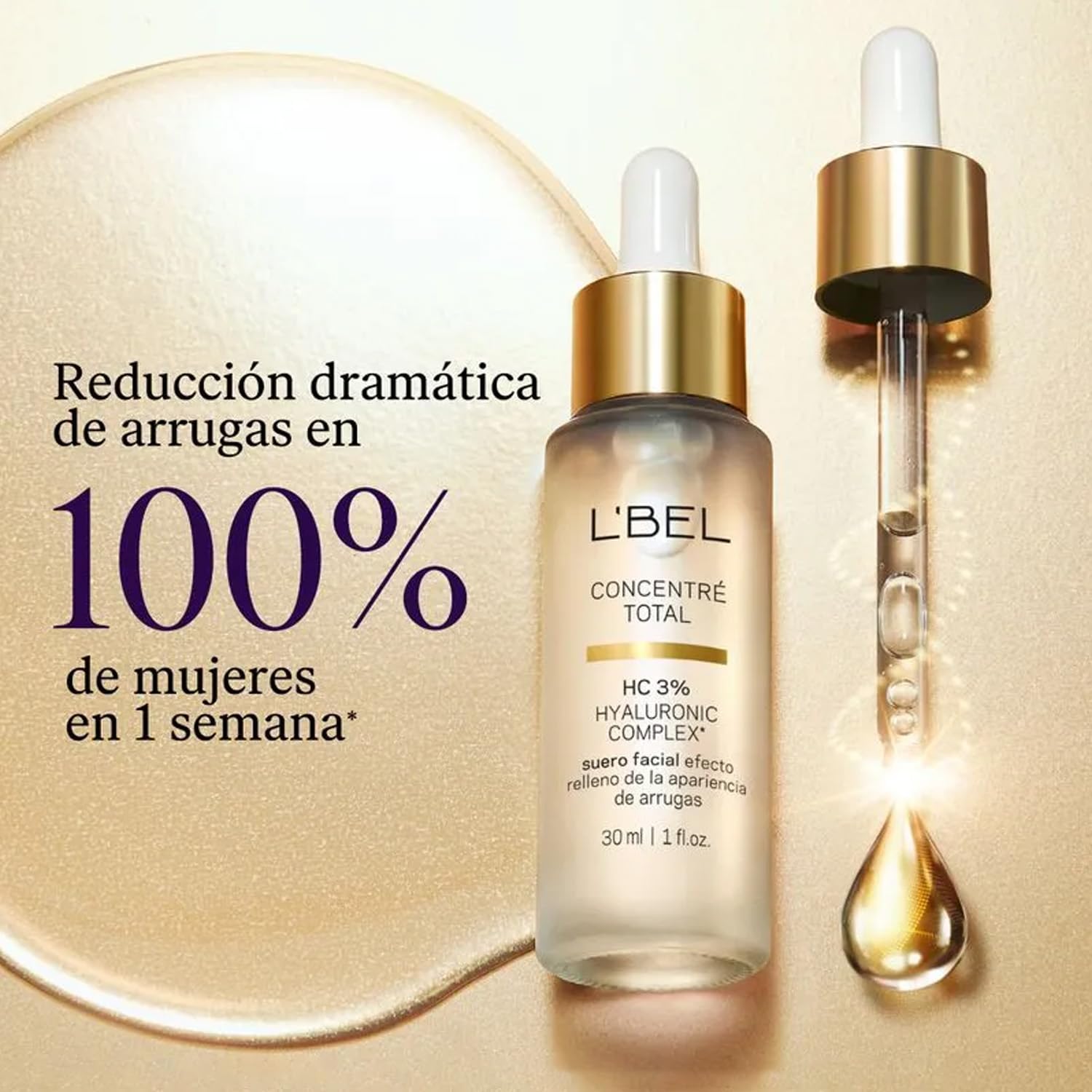 L'BEL - Concentré Sérum Facial 3% Complejo Ácido Hialurónico 30 ml, Efecto Relleno de Arrugas, Suero Facial Hidratante Intensivo, Piel Rejuvenecida y Más Lisa, para Mujeres desde 30 Años