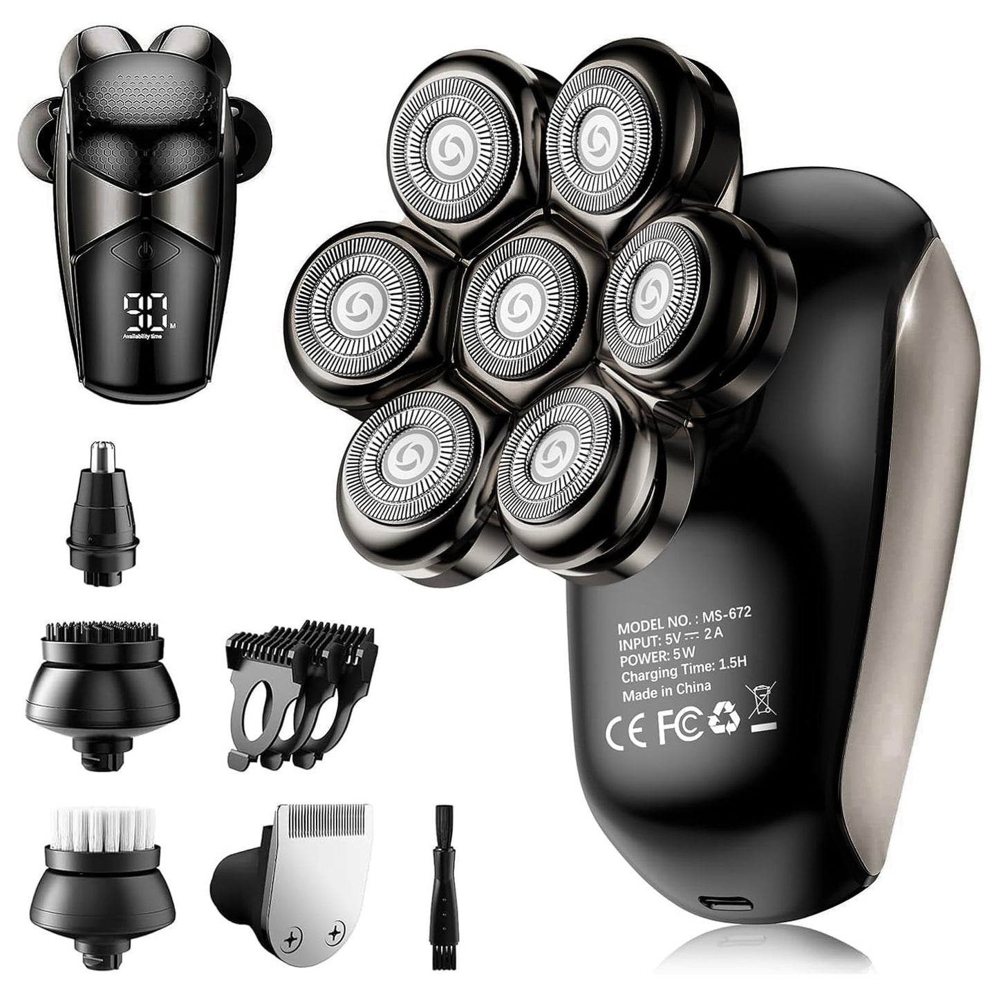 SHPAVVER - Afeitadoras de cabeza para hombres calvos: 5 en 1 - Afeitadora eléctrica desmontable IPX7 impermeable en húmedo seco para calder - Pantalla LED y cuchillas de precisión rotativas (negro