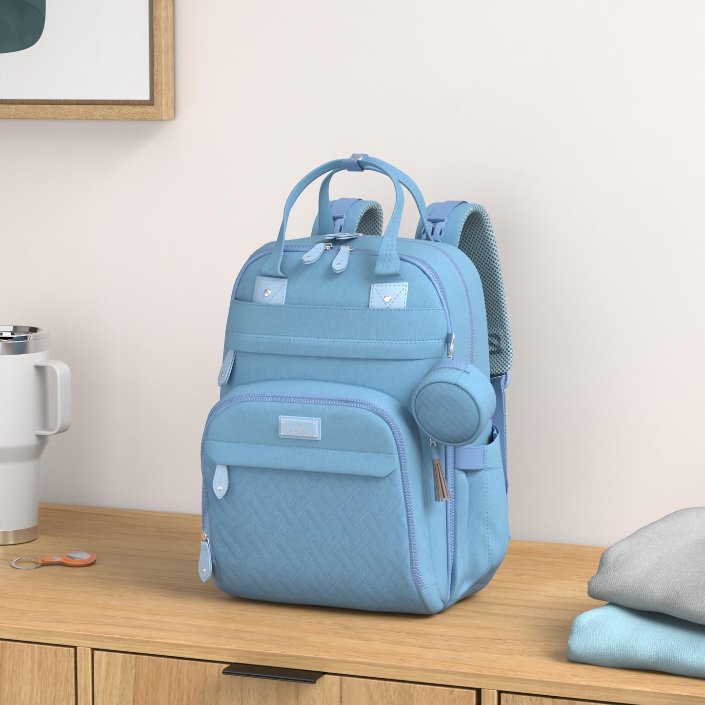 BabbleRoo Mochila para pañales, bolso esencial de viaje para bebé, impermeable, multifunción, con cambiador, correas para cochecito y estuche para chupetes, unisex, azul claro