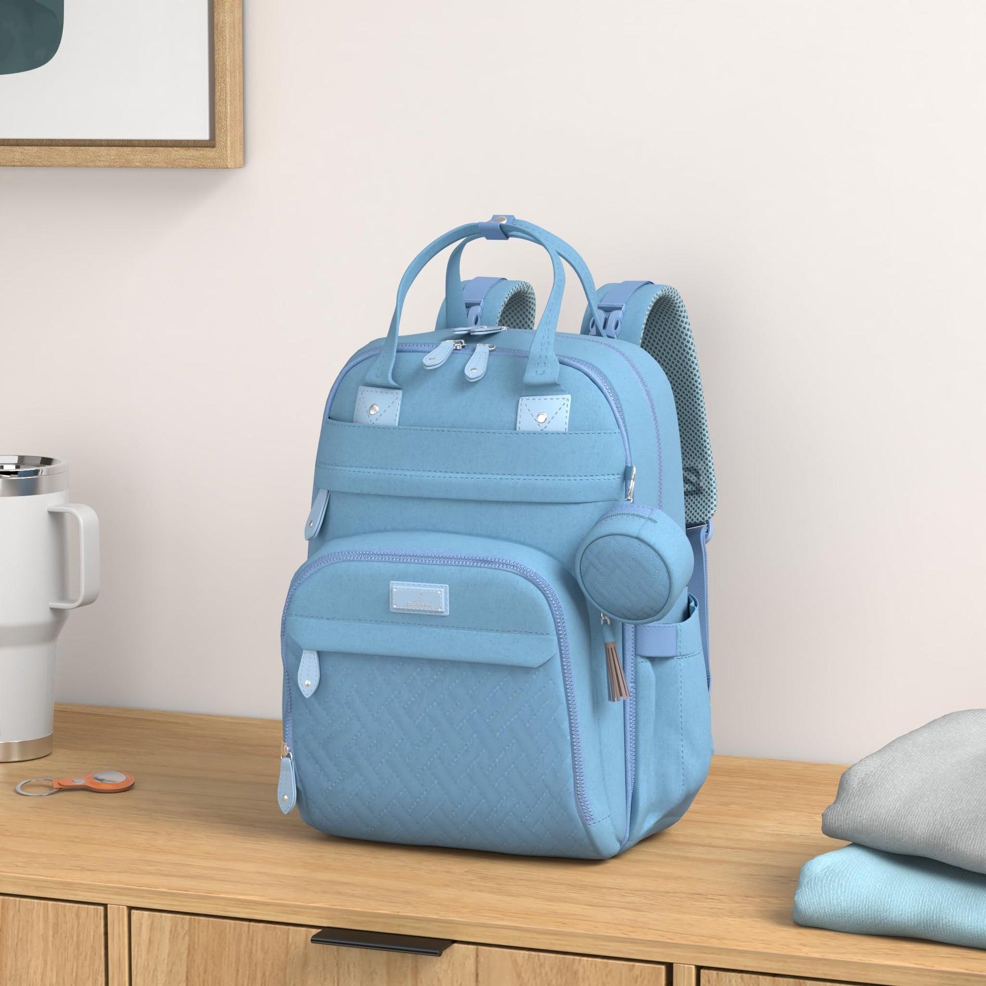 BabbleRoo Mochila para pañales, bolso esencial de viaje para bebé, impermeable, multifunción, con cambiador, correas para cochecito y estuche para chupetes, unisex, azul claro