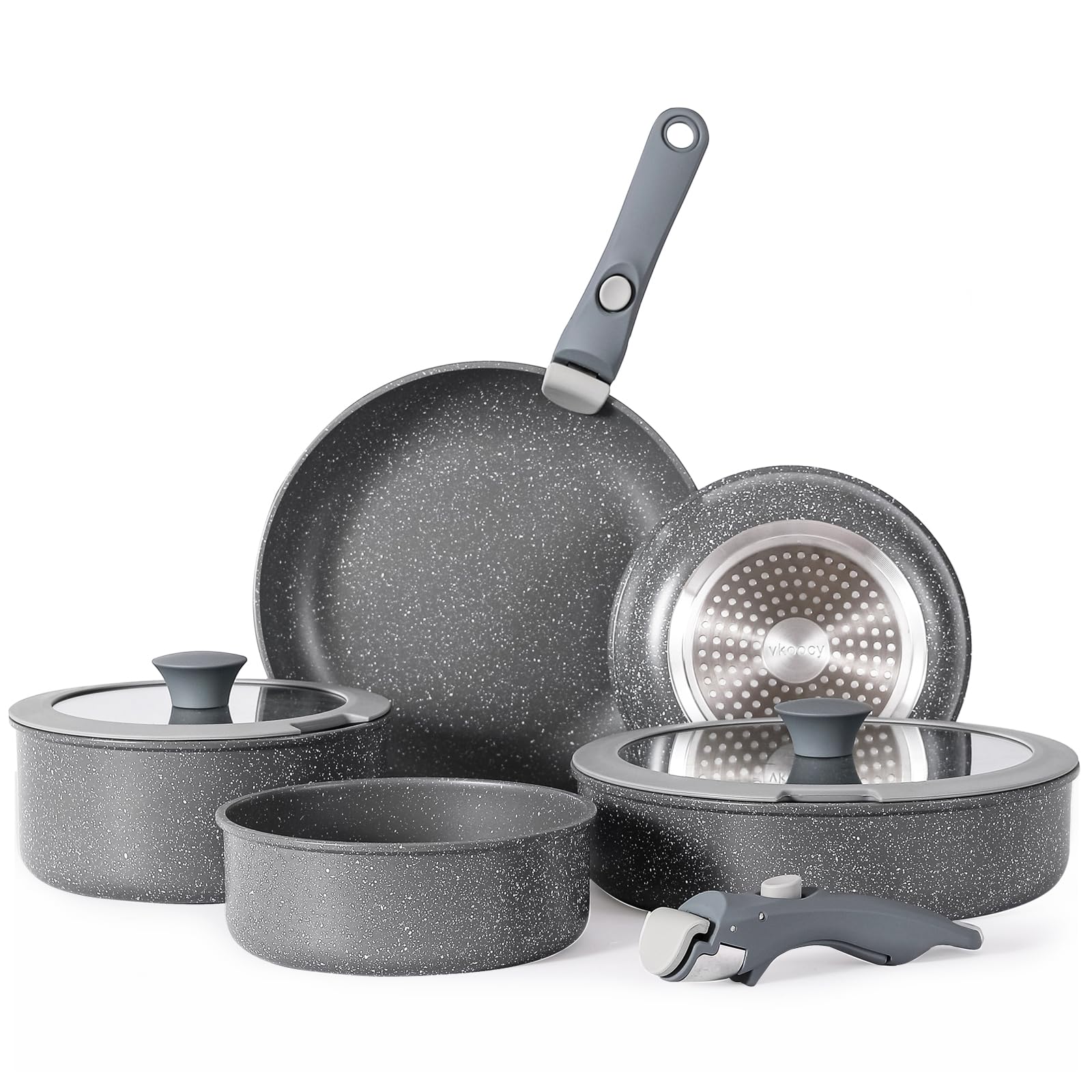 Juego de Ollas y Sartenes Vkoocy Gris Antiadherente con Mango Desmontable para Inducción y Camping