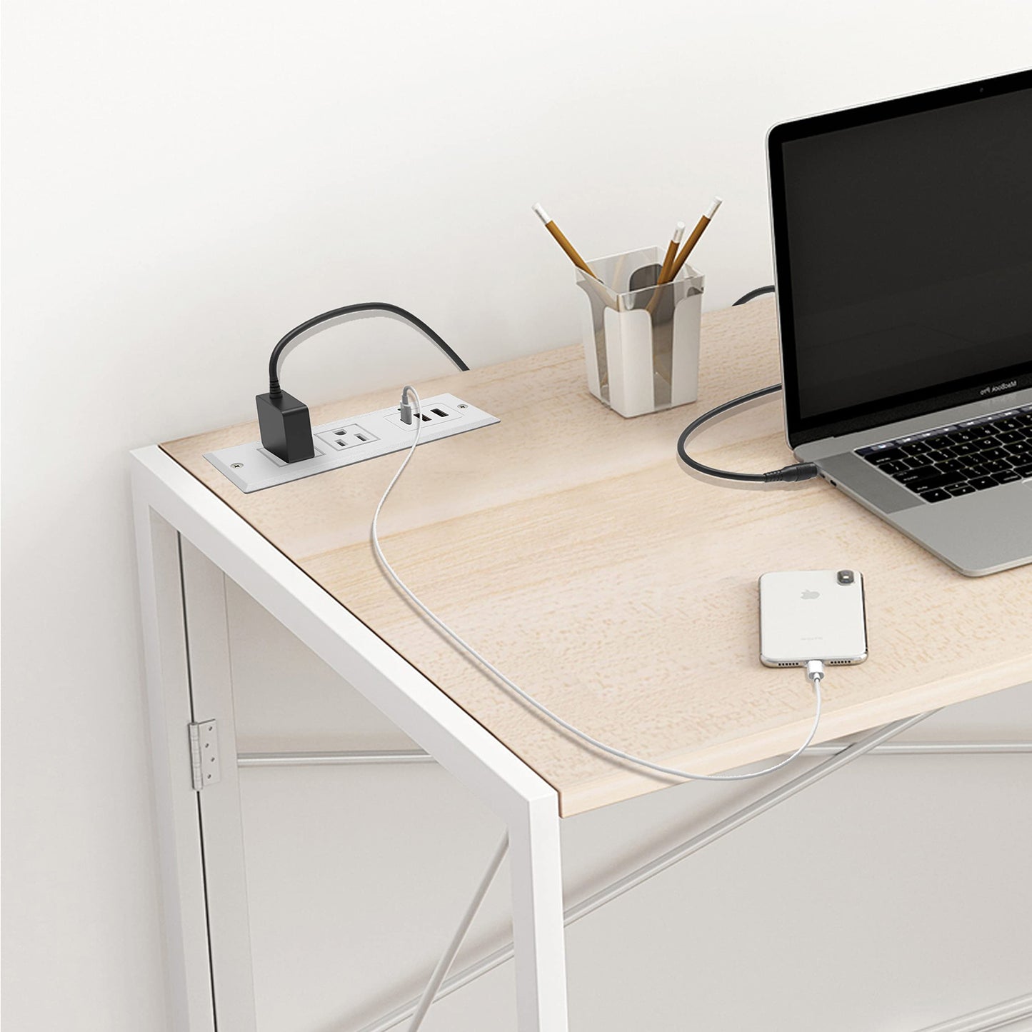 4 LEAF Regleta Multicontacto Escritorio USB C 20W PD Carga Rápida, Tira de Alimentación Empotrable Tipo C 2 Contactos 3 USB Muebles Outlet para Mesa Sofá Console Cajon Encimera 2 Metros Blanco