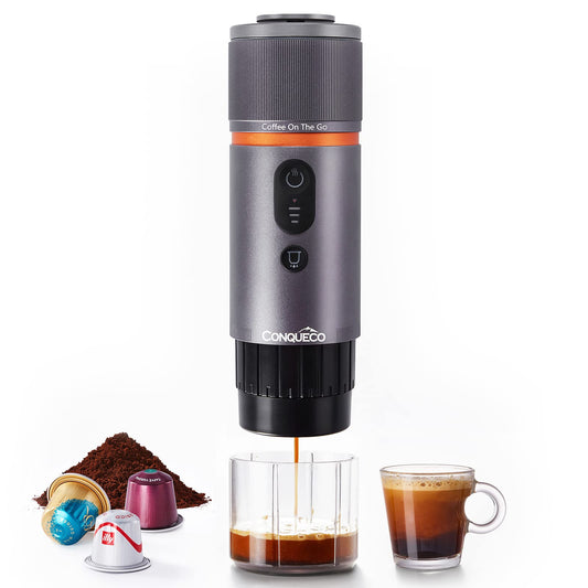 CONQUECO Máquina espresso portátil de viaje: cafetera de coche de 12 V para camping, pequeña eléctrica, calefacción de 2,5 minutos, 8 tazas de café espresso para una carga