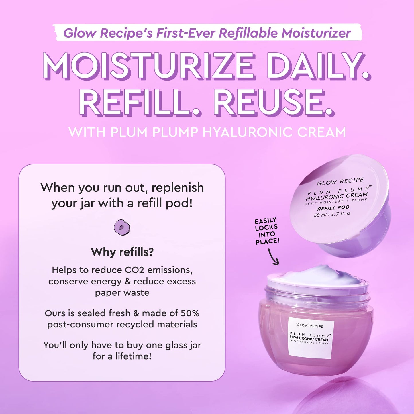 Glow Recipe Plum Plump Hyaluronic Acid Face Cream Refill Pod - Dewy Glow Hydrating Face Moisturizer Plumps, Balances Skin - Vegan Whipped Gel Moisturizer with Polyglutamic Acid & Ice Willowherb (50ml)