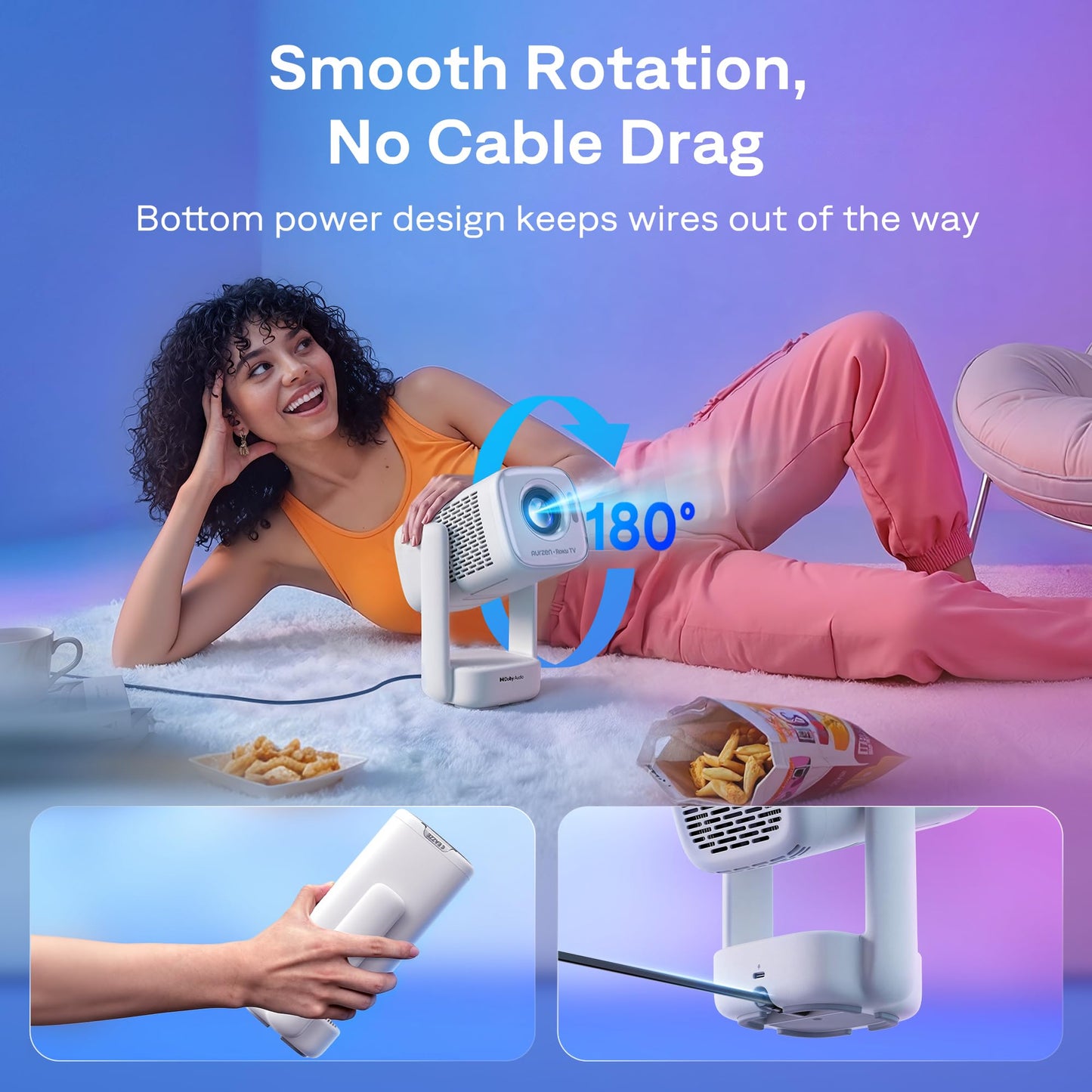 Aurzen Roku - Proyector inteligente para TV con Wifi y Bluetooth, D1R air Roku Streaming Experience incorporado, alimentado por USB-C, compatible con Native 1080P, compatible con 4K, audio DoIby