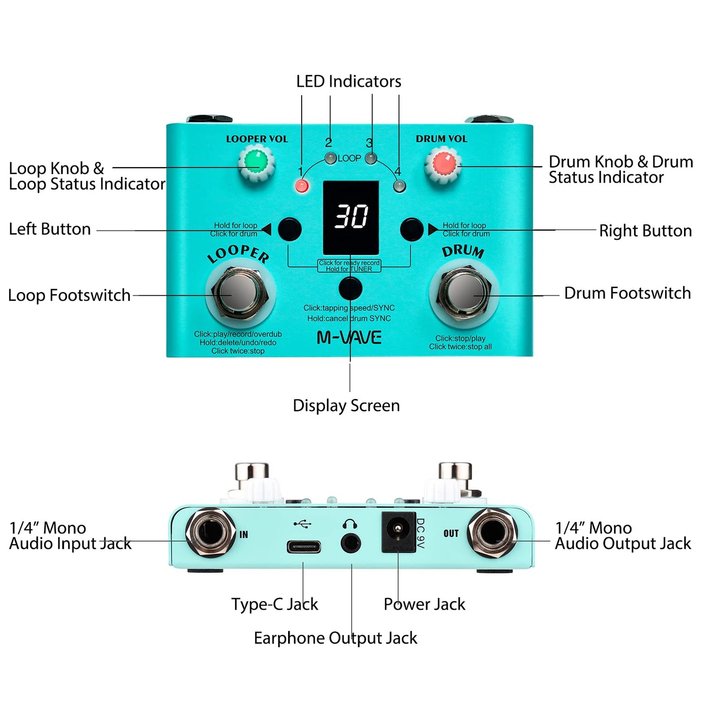 Irfora Lost Tempo Pedal de Efectos Drum & Looper Effector Mini 2-in-1 Looper & Drum Hine Doble Pedal Looper Pedal Looper Pedal de Guitarra 30 Tambores y 4 bucles Sintonizador de Alta