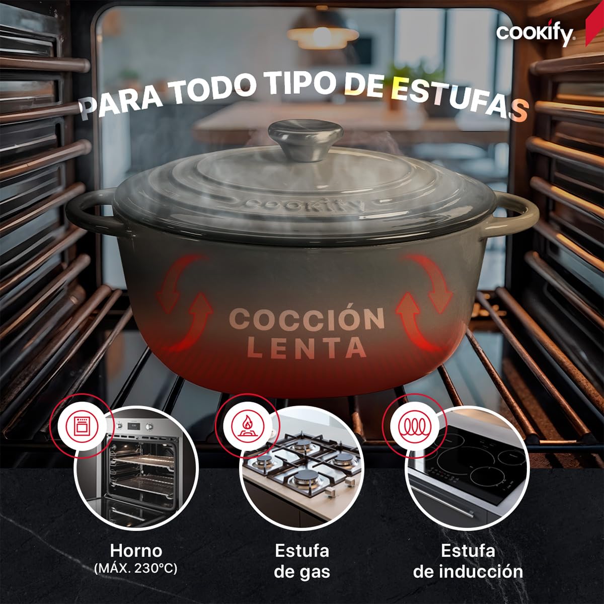 Cookify Olla de Hierro Fundido Esmaltado para Horno y Estufa, Horno Holandés Capacidad 4 Litros Dutch Oven (Gris, 24.8 cm)