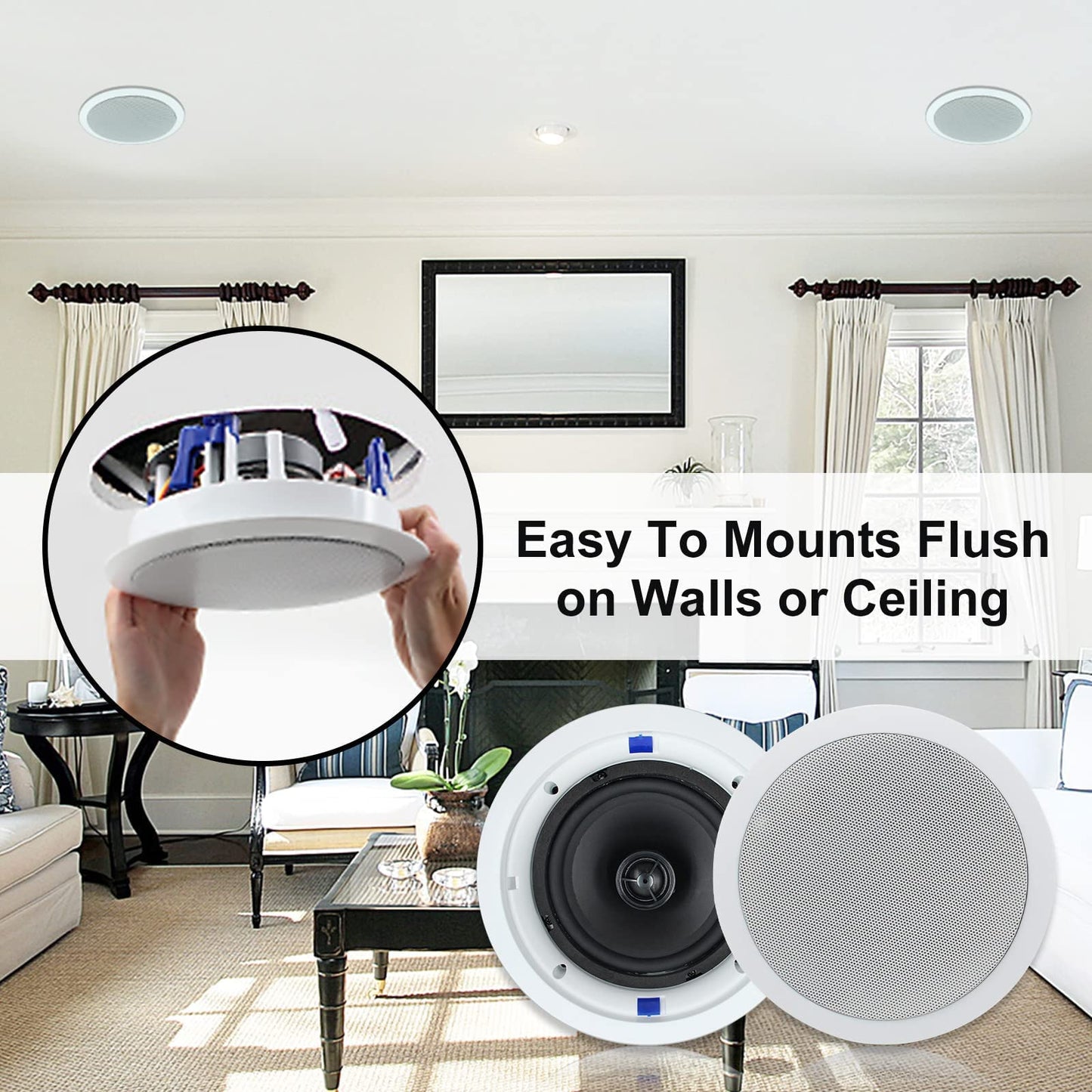 Herdio Altavoces de Techo de 6.5 Pulgadas, Altavoz Redondo de Pared de 320 vatios, Sistema de Altavoces de Premium, para colocación en Interiores y Exteriores, baño (2 Altavoces)