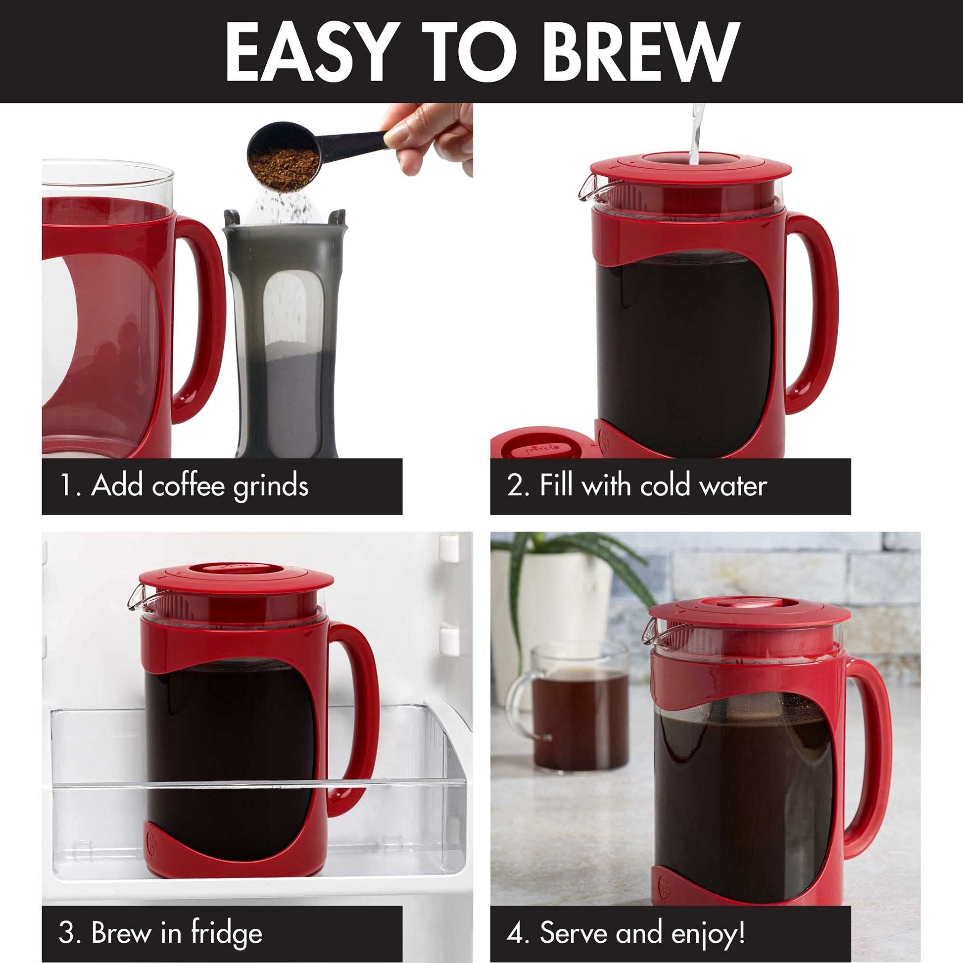 Cafetera Helada Primula Burke Roja con Mango de Agarre Cómodo y Jarra de Vidrio Duradera