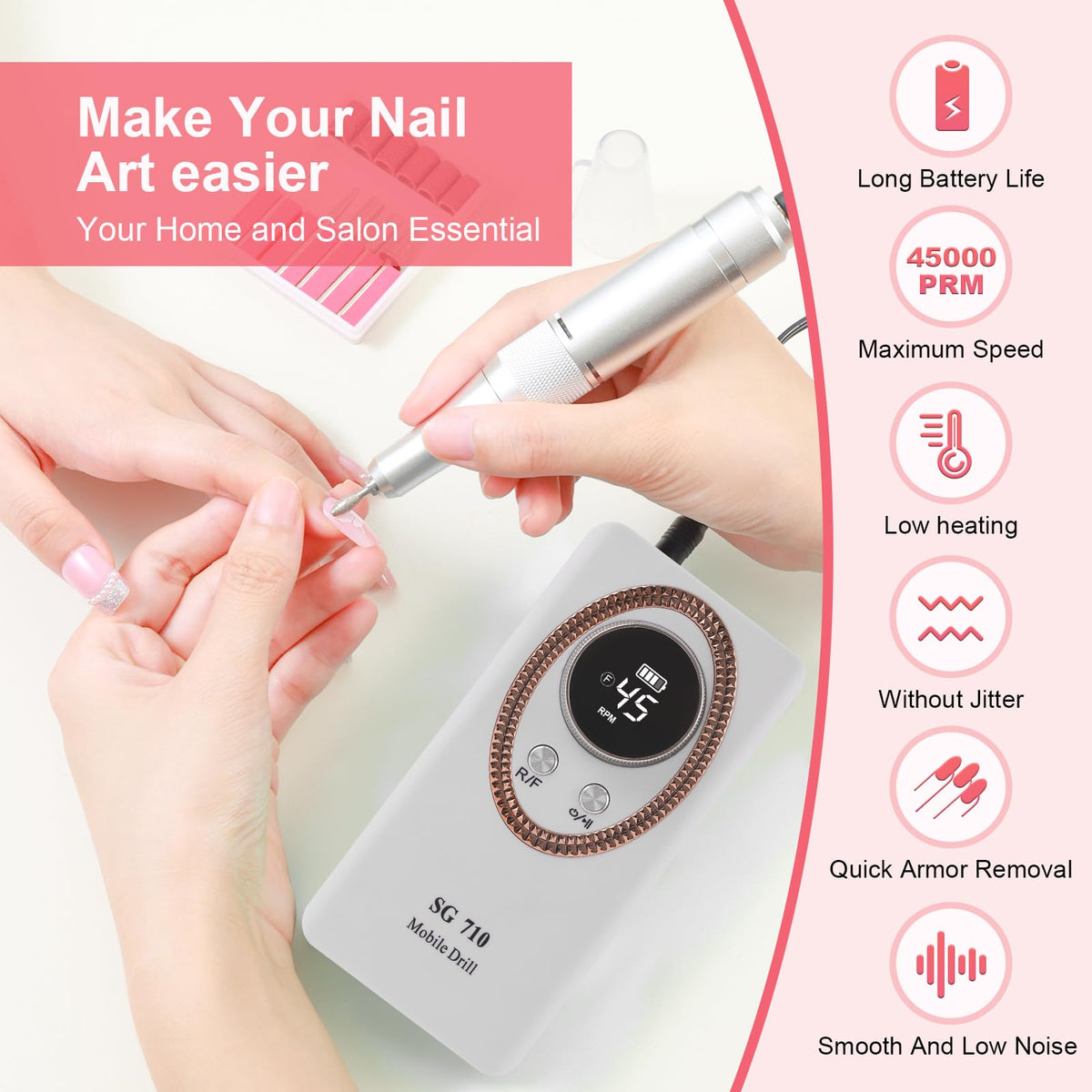 Taladro de Uñas Eléctrico ABZXT Recargable Portátil 45000 RPM para Bricolaje