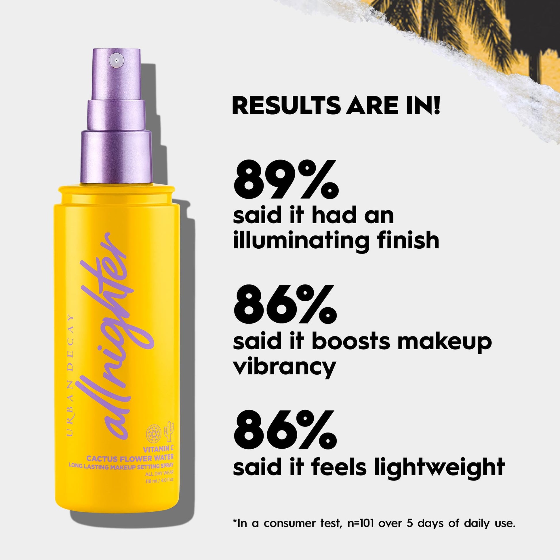 Urban Decay All Nighter Setting Spray Vitamin C fijador de maquillaje hasta por 16hrs acabado luminoso, tamaño de viaje, 30ml