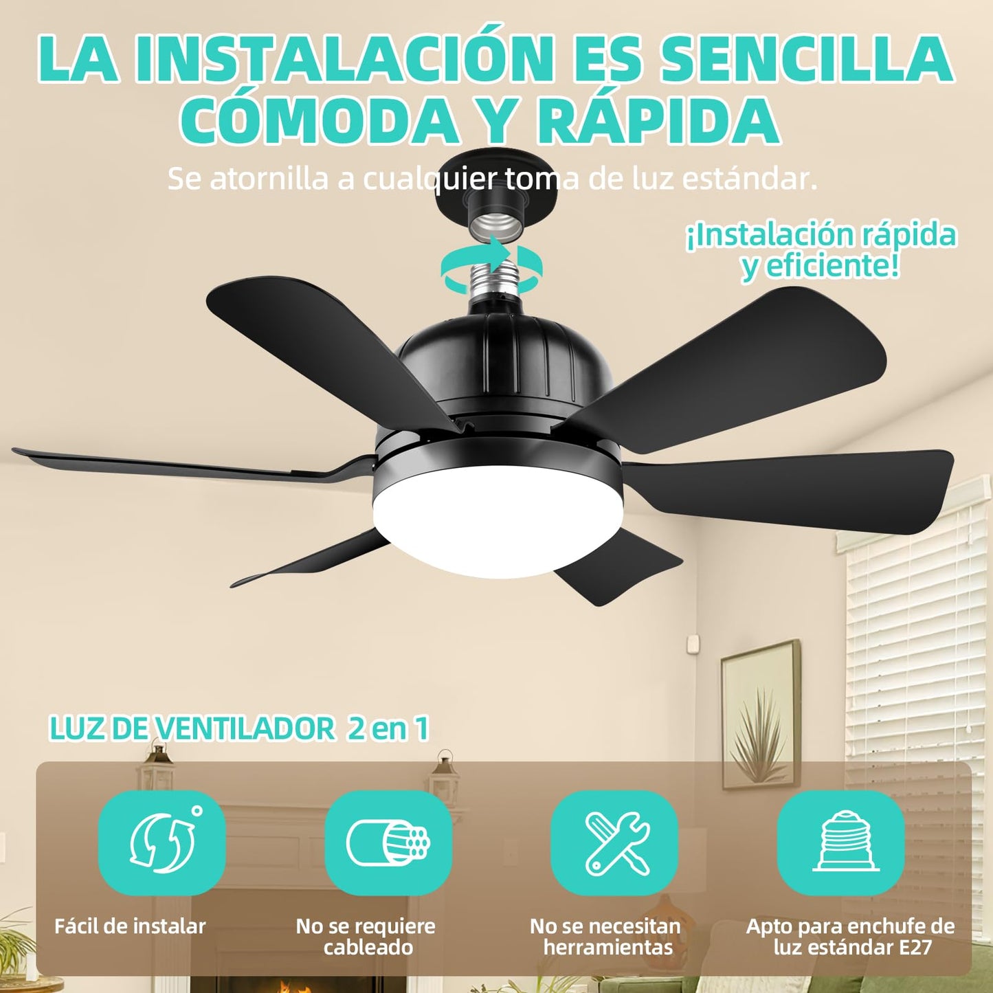 Ventilador de Techo con Luz y Control Remoto E26/E27 Negro, Brillo Regulable y Tres Velocidades del Viento 40W