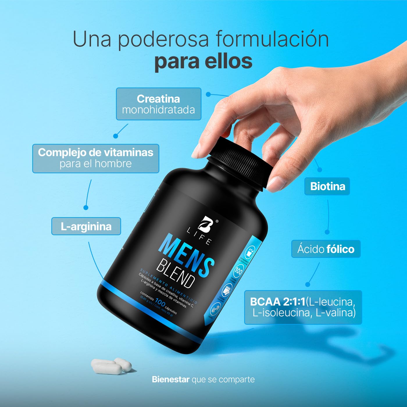 B Life Multivitamínico para Hombre | 100 Cápsulas | 650 mg por cápsula | Creatina Monohidratada, BCAA 2:1:1 (L-Leucina, L-Isoleucina, L-Valina) y L-Arginina | Ingredientes Naturales | Mens Blend.