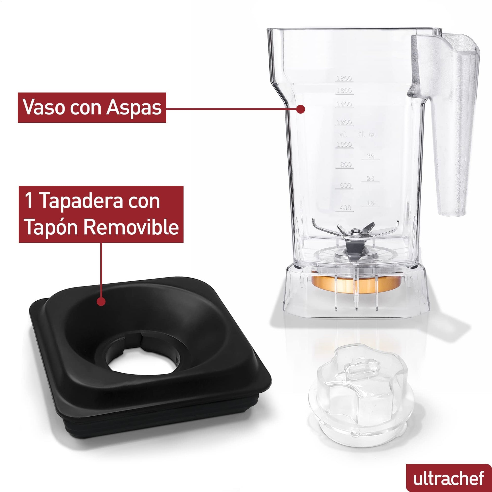 Vaso de Repuesto ULTRACHEF Transparente con Cuchillas de Acero Inoxidable para Licuadora Profesional U2000 1800 ml BPA FREE