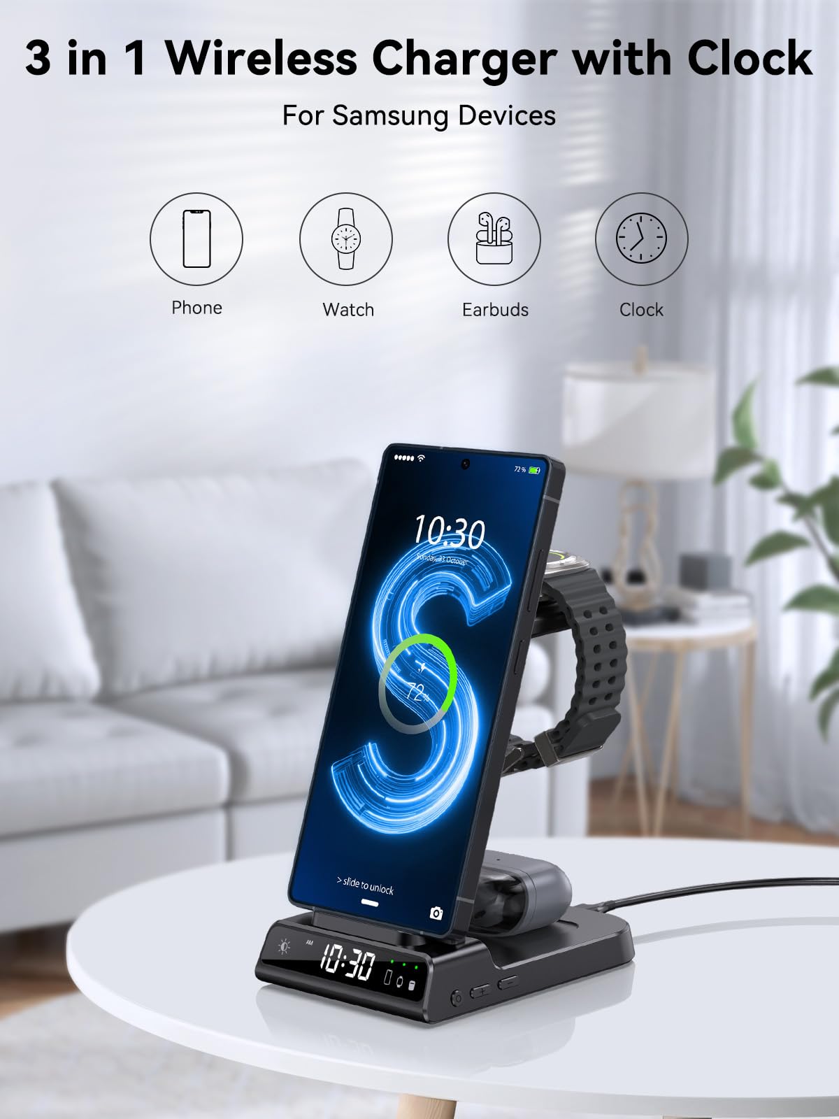Cargador inalámbrico para Samsung Galaxy S24 Ultra, estación de carga con reloj para Samsung Galaxy S23 Ultra/S22/S21/Z Flip5/Note 20, cargador de reloj para Samsung Galaxy Watch 6/5/5Pro/4/3/Active