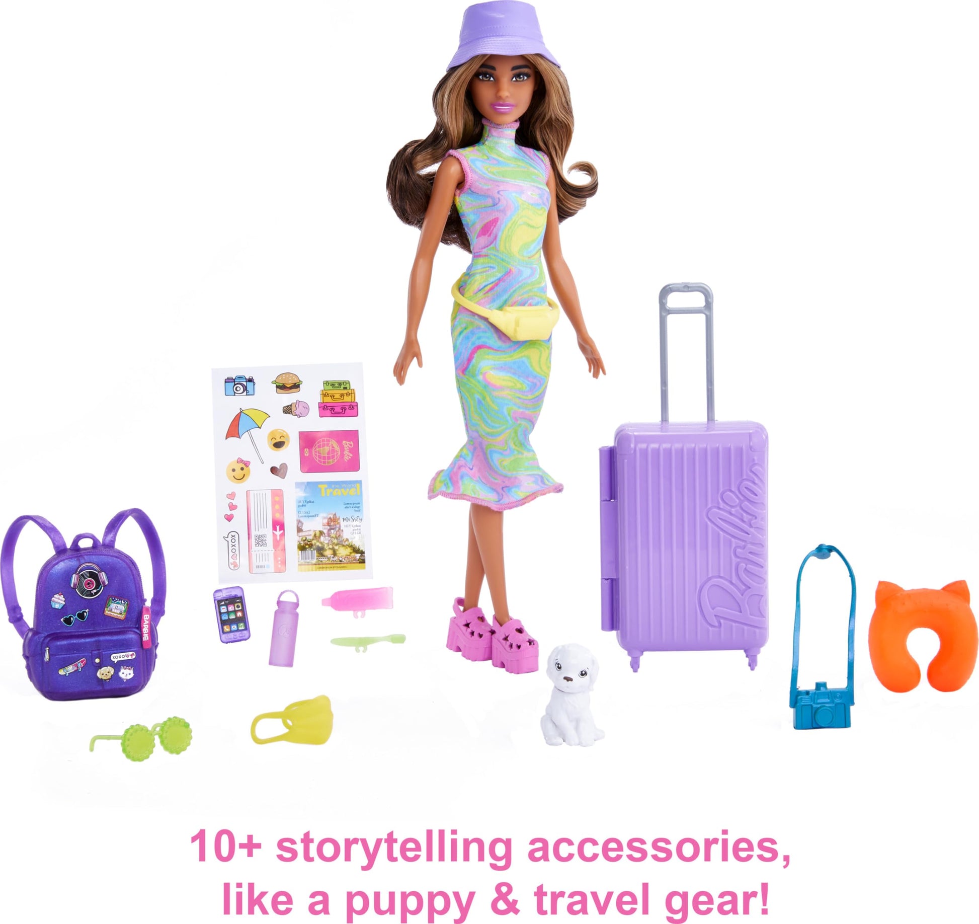 Barbie It Takes Two Doll & Accessories, Juego temático de Viaje con Cachorro, veliz de Trabajo, Hoja de Pegatinas y más de 10 Piezas