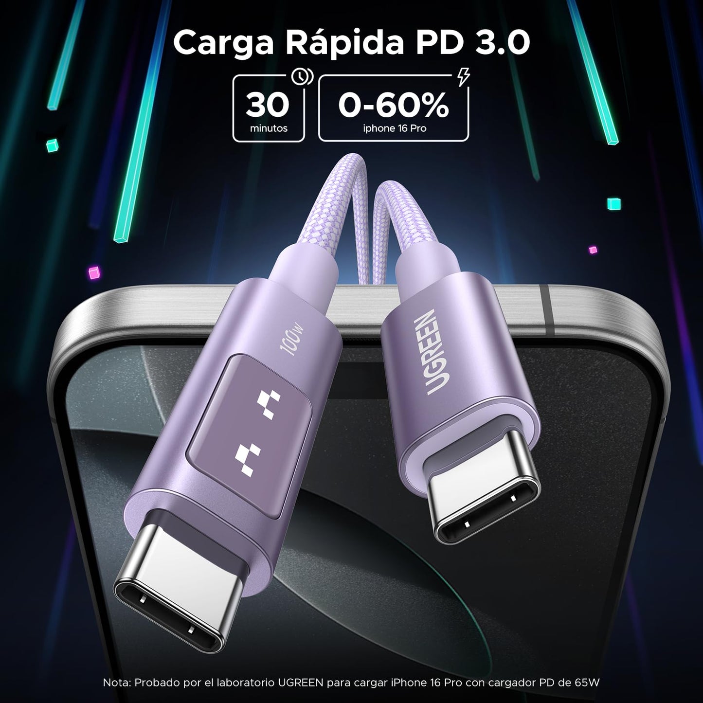 Cable USB C UGREEN Púrpura Carga Rápida PD 3.0 100W 2M Compatible con MacBook Pro Air, iPad, iPhone, Galaxy, Pixel