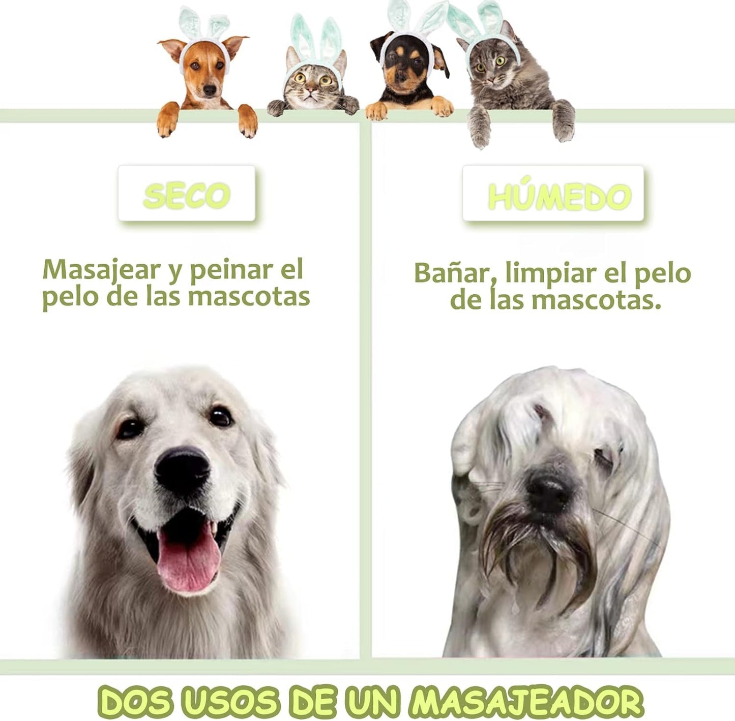 Cepillo de baño para mascotas, cepillo para perros con 2 cabezales de cepillo de silicona suave, dispensador de masaje de champú para mascotas para aseo de mascotas, cepillo de ducha para limpieza de cabello de perros y gatos(verde)