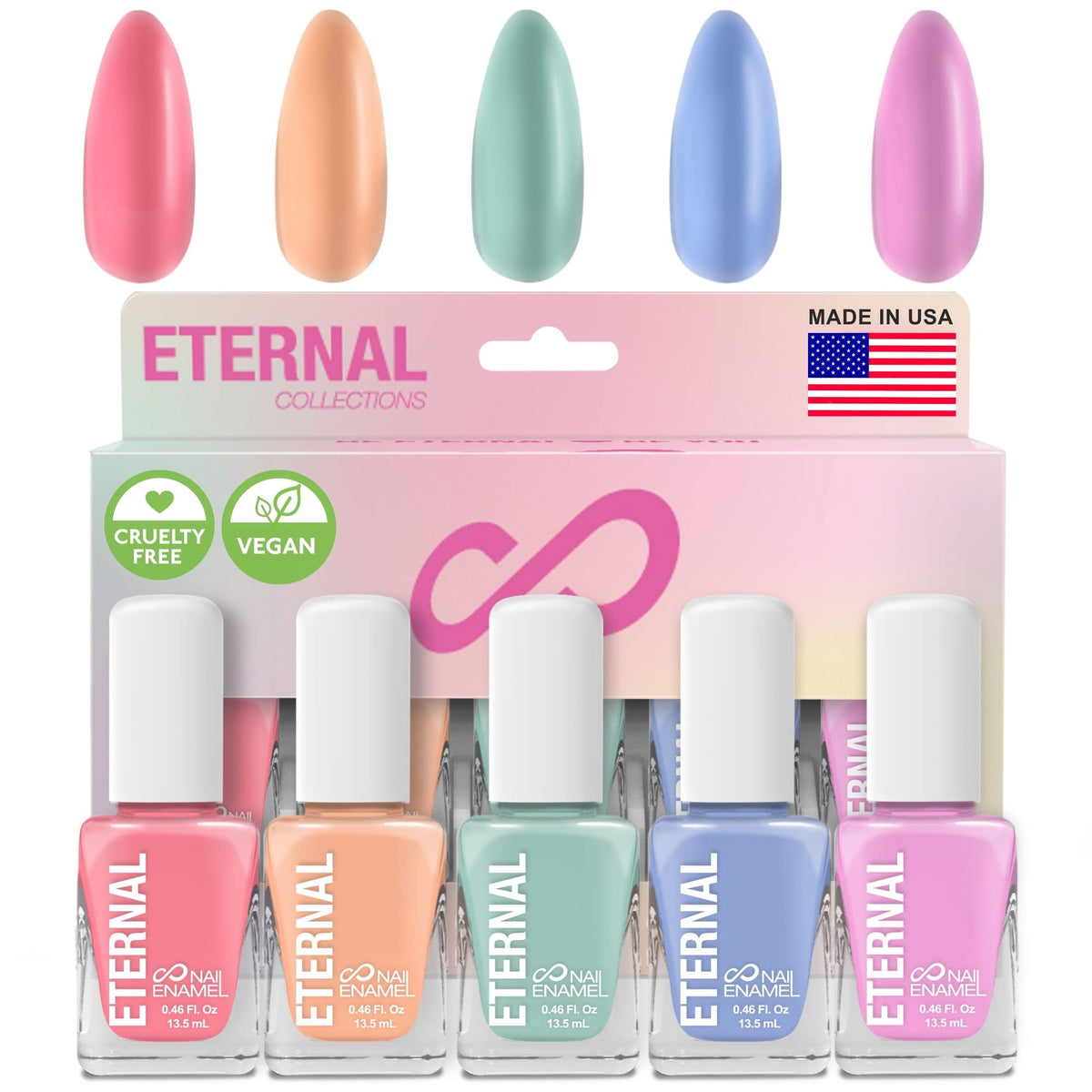 Eternal Colección – Juego de 5 piezas: Larga duración, secado rápido, esmalte de uñas de brillo espejo – endurecedor, acabado brillante y brillante – 0,46 onzas fluidas cada uno (CANDY PASTELS)