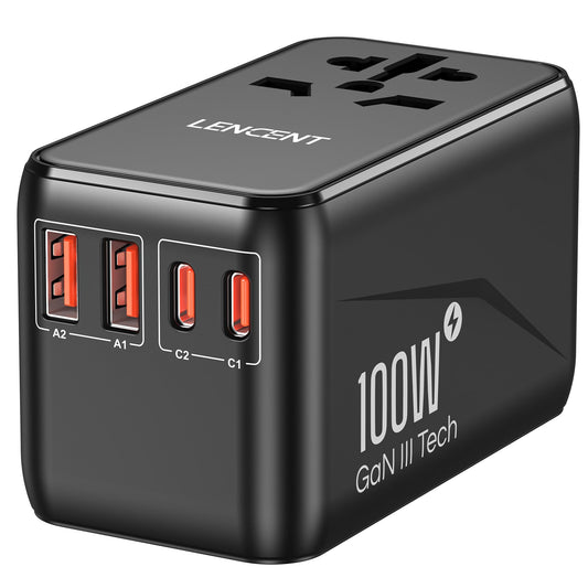 LENCENT Adaptador Universal de Viaje, GAN III 100W Adaptador Internacional con 2 USB QC4.0&2 USB-C PD3.0 Carga Rápida, Cargador Mundial para Teléfono Móvil, Portátil, Negro