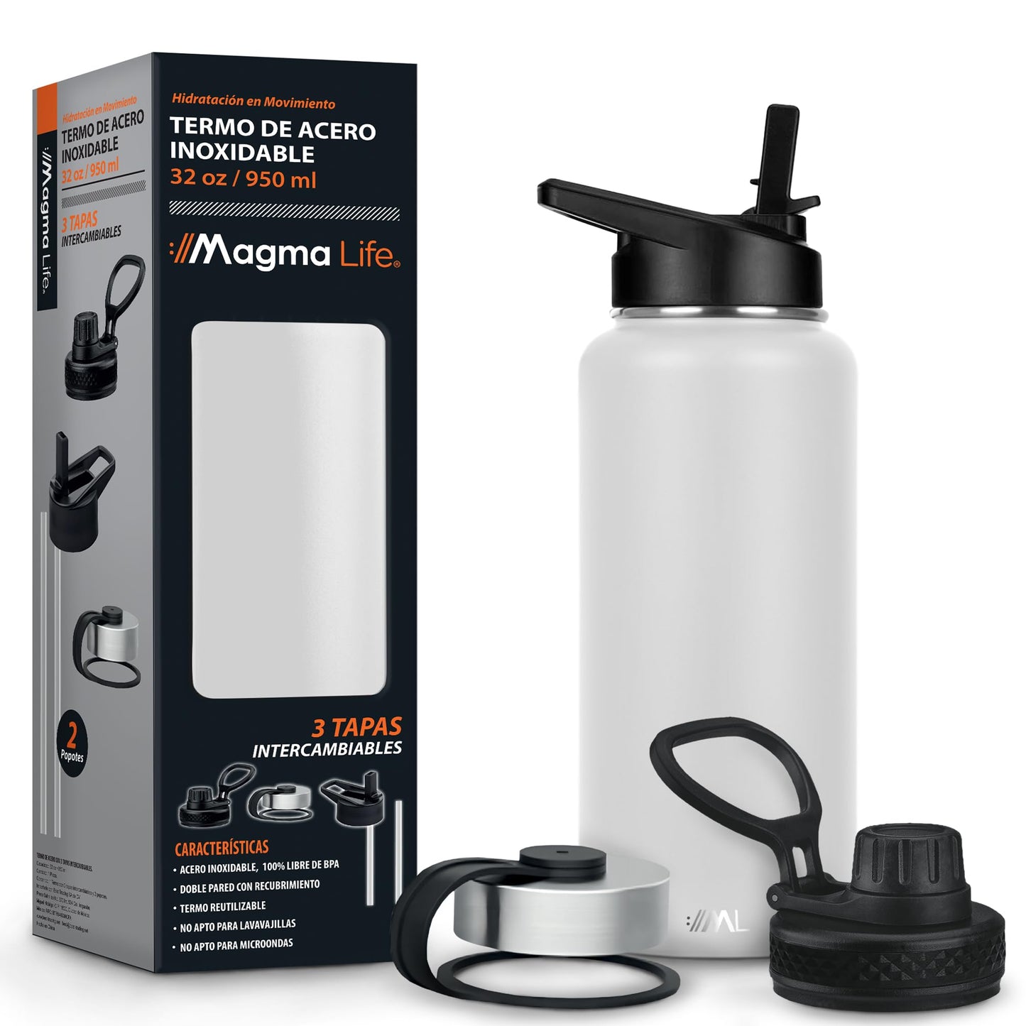 MAGMALIFE Termo de Acero Inoxidable 950 ml con Tecnología de Aislamiento al Vacío: 32 Oz (3 Tapas Intercambiables, Mantiene Caliente hasta 12 Horas, Frío hasta 24 Horas, Blanco)