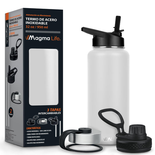 MAGMALIFE Termo de Acero Inoxidable 950 ml con Tecnología de Aislamiento al Vacío: 32 Oz (3 Tapas Intercambiables, Mantiene Caliente hasta 12 Horas, Frío hasta 24 Horas, Blanco)