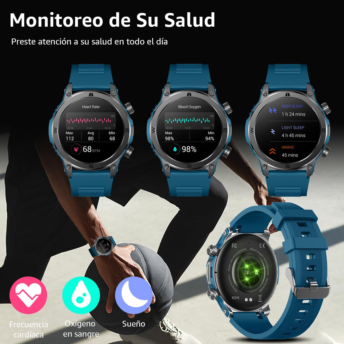 Smartwatch FreshFun AMOLED 1.43 Pulgadas Bluetooth Hombre Azul Impermeable IP67 Monitor Cardíaco y Sueño 100+ Modos Deportivos