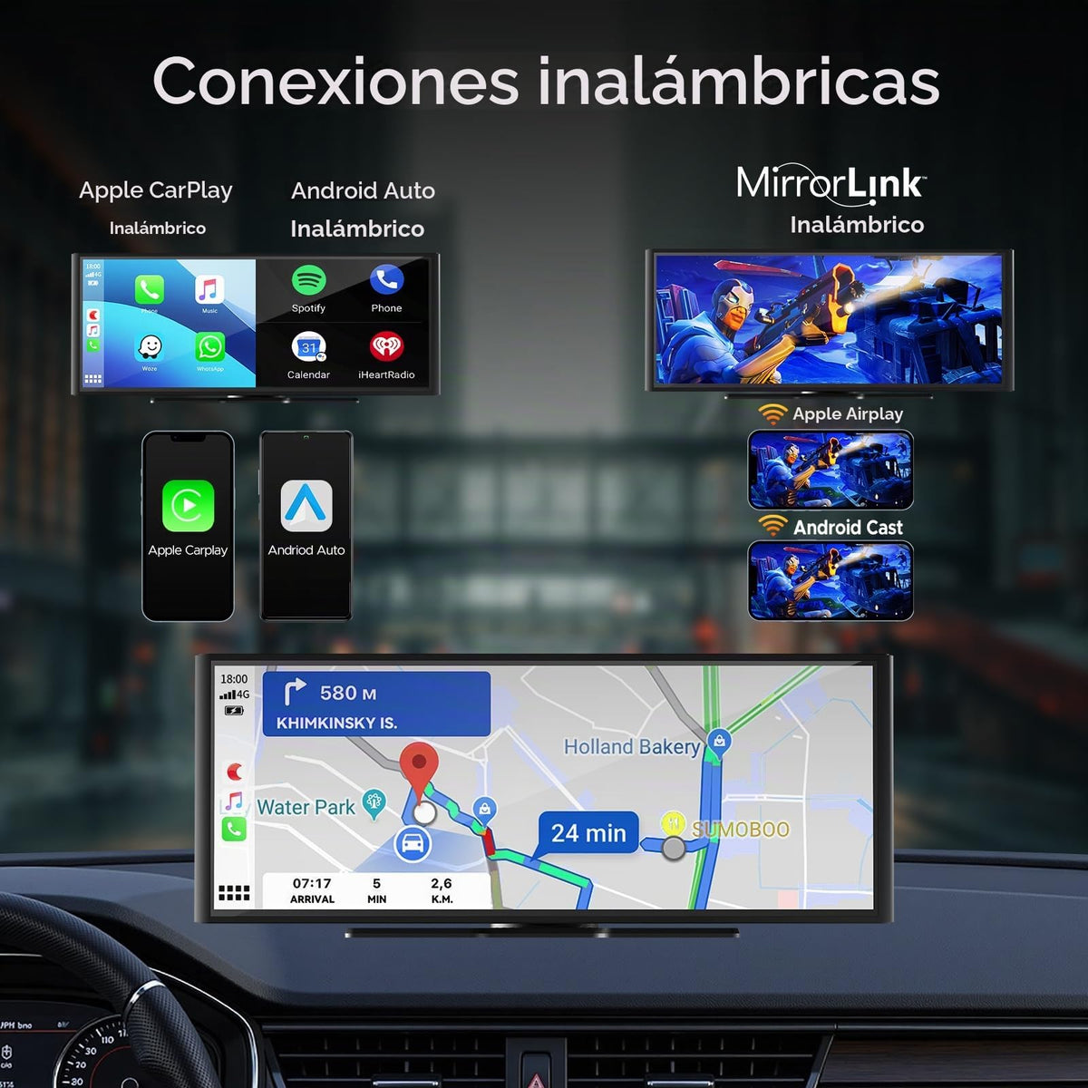 Visualización Carplay Volam 9.26 Pulgadas Negro con Cámara de Salpicadero 4K Compatible con Apple Carplay y Android Auto