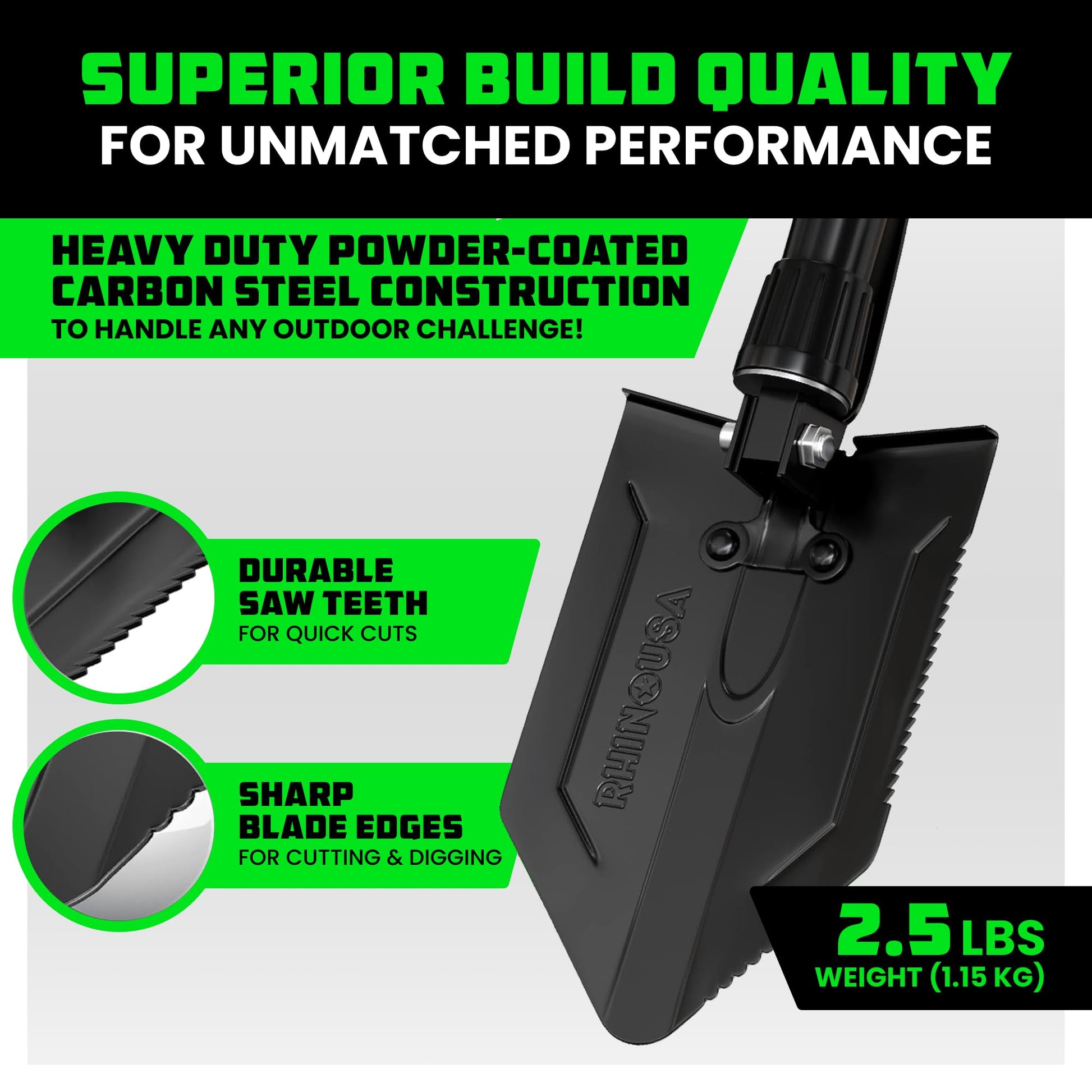 Pala Plegable Rhino USA Verde Militar Multiusos de Acero Carbono para Camping, Jardinería y Supervivencia