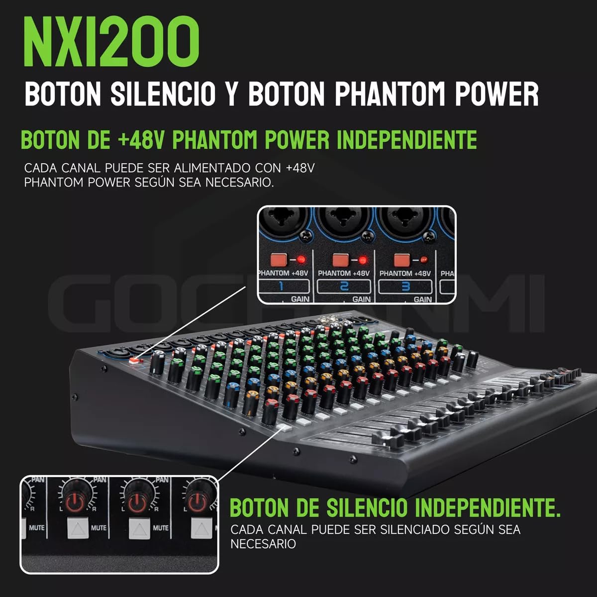GOCHANMI NX1200 Mezcladora de Audio 12 Canales 99 DSP Efectos Preamplificador Mixer USB Interfaz Bluetooth con independiente 48V Alimentación Fantasma y un ecualizador de 3 segmentos (NX1200)