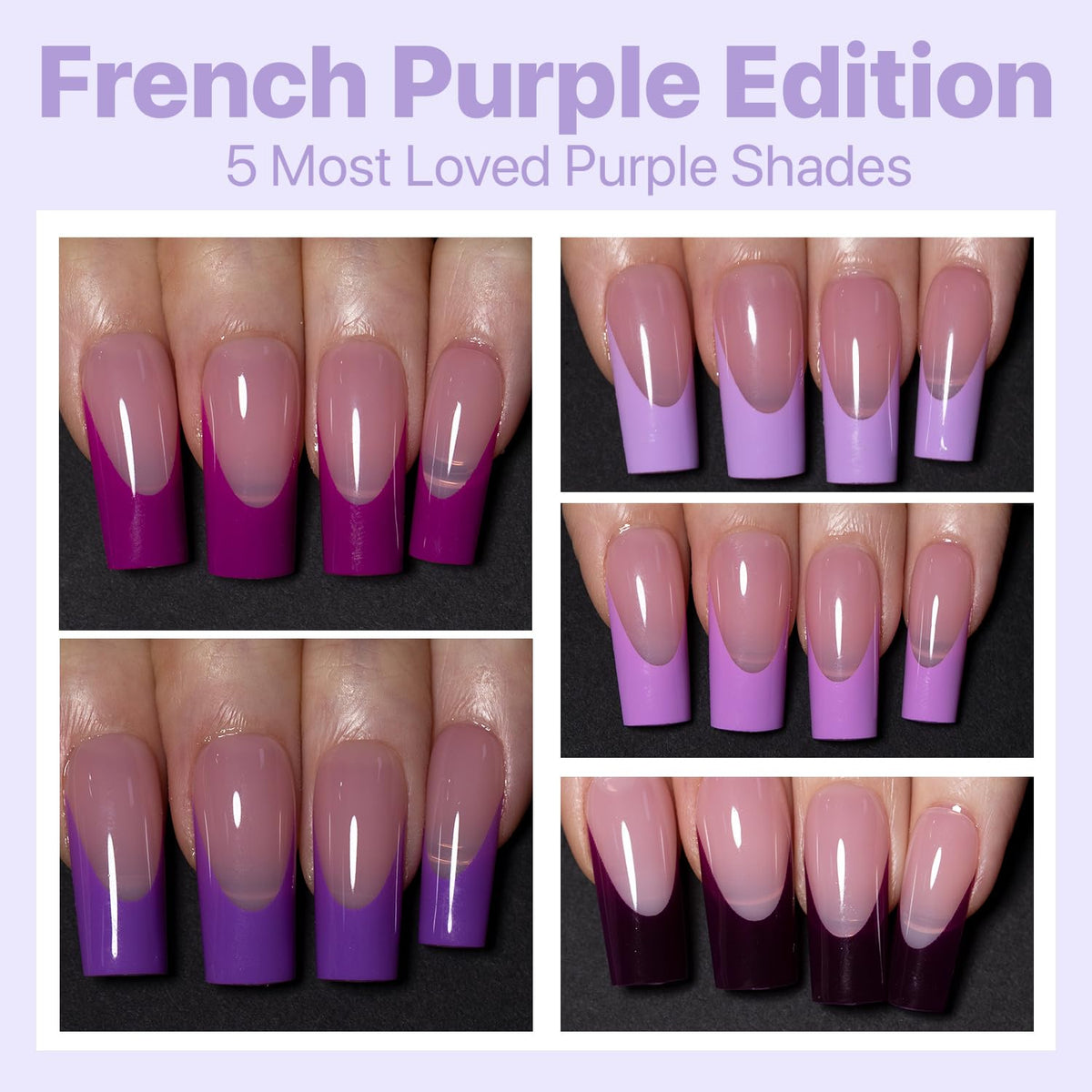 SXC Uñas Postizas con Punta Francesa Cosmetics – Serie Morada, Cuadrado Medio, Kit de Inicio X-Pro Tips | 150 Piezas, 15 Tamaños, 5 Estilos, Ideal para Principiantes
