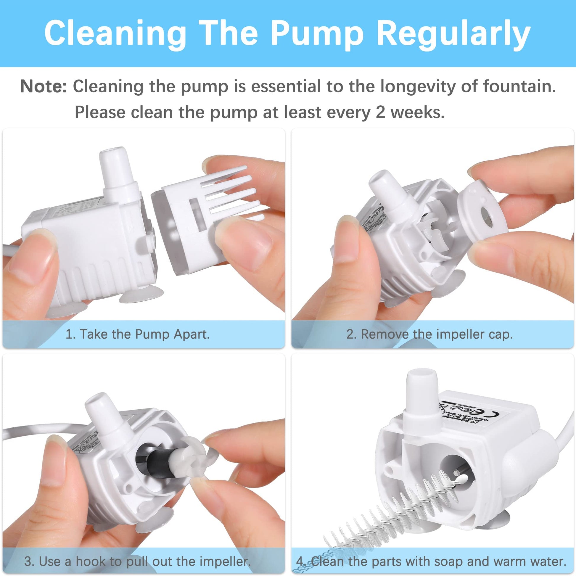 HAPUP - Bomba de fuente de agua para gatos silenciosa DC5V original para mascotas (170 L/H) con cable de alimentación USB de 6.5 pies para agua HAPUP para perro, fuente de agua hidropónico de tanque