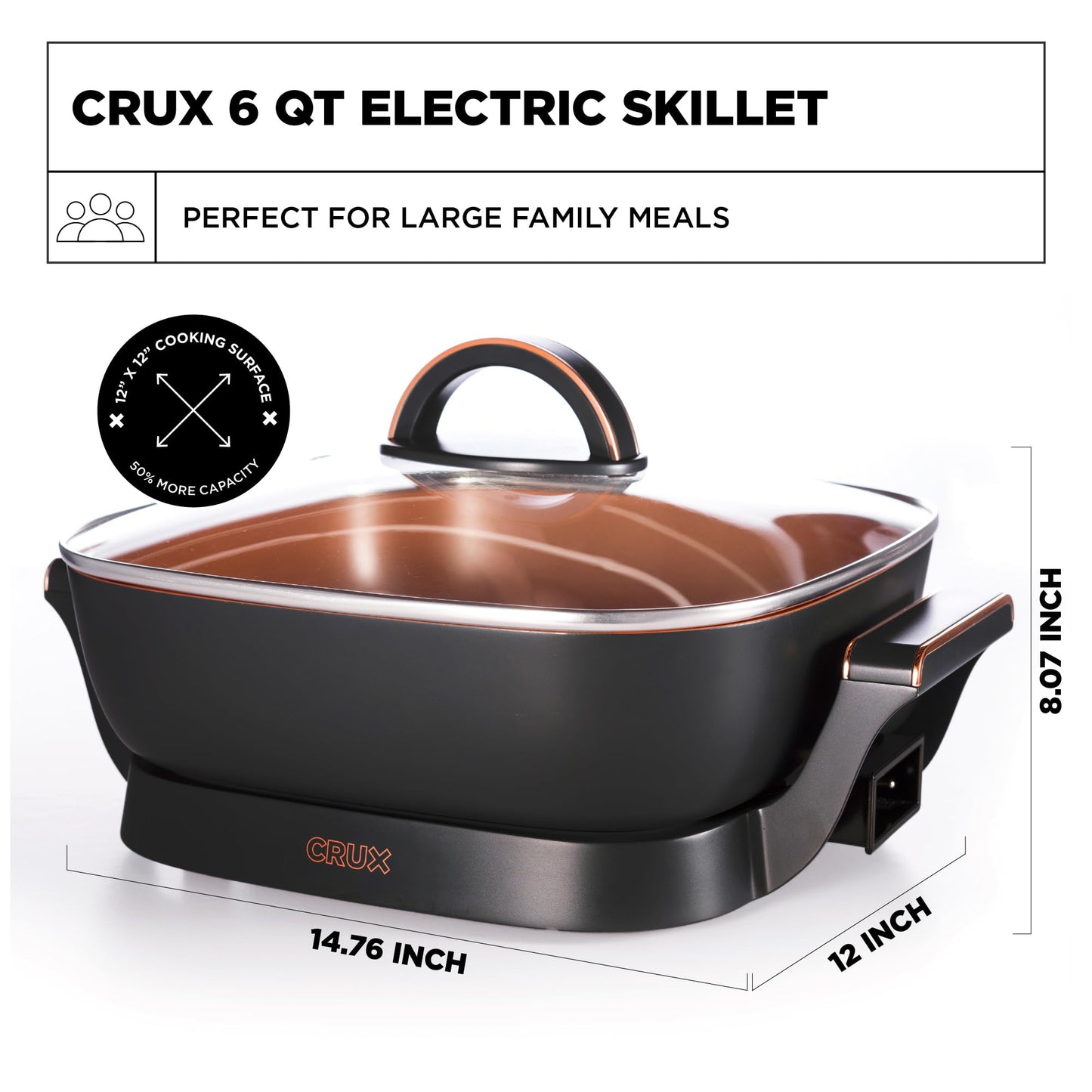 CRUX - Sartén eléctrica con tapa de vidrio, sartén de cerámica antiadherente resistente a los arañazos, extra profunda con sonda de temperatura extraíble, 12 x 12 pulgadas, 1400 vatios, última