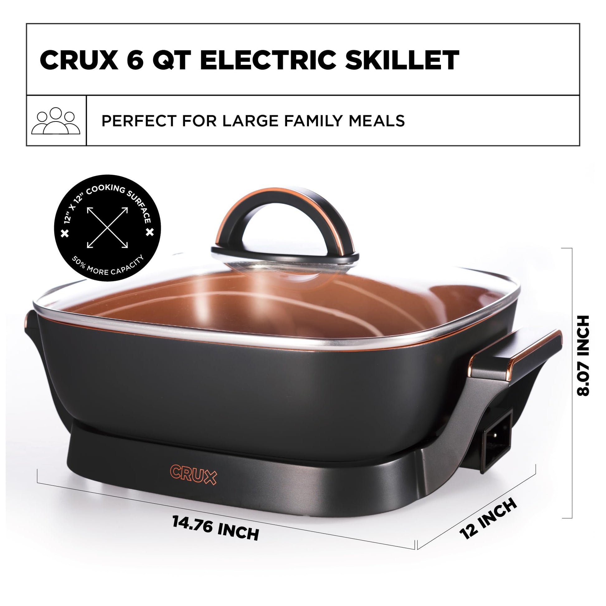 CRUX - Sartén eléctrica con tapa de vidrio, sartén de cerámica antiadherente resistente a los arañazos, extra profunda con sonda de temperatura extraíble, 12 x 12 pulgadas, 1400 vatios, última